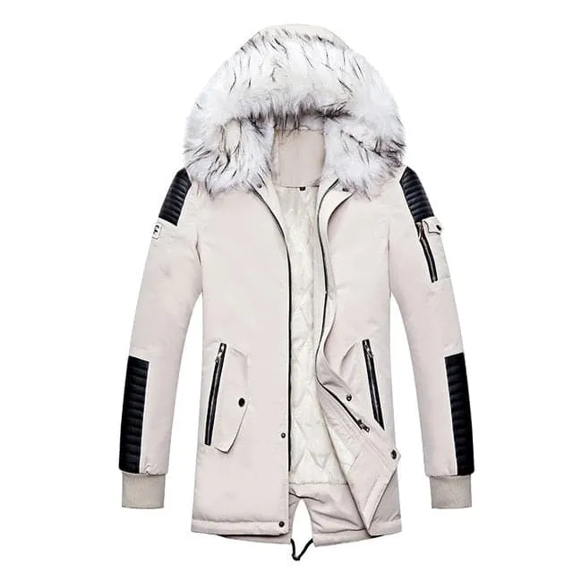 ATWELL Design Men's Sports Fashion Navy Blue & White Thick Winter Parka Fur Collar Hooded Coat Jacket