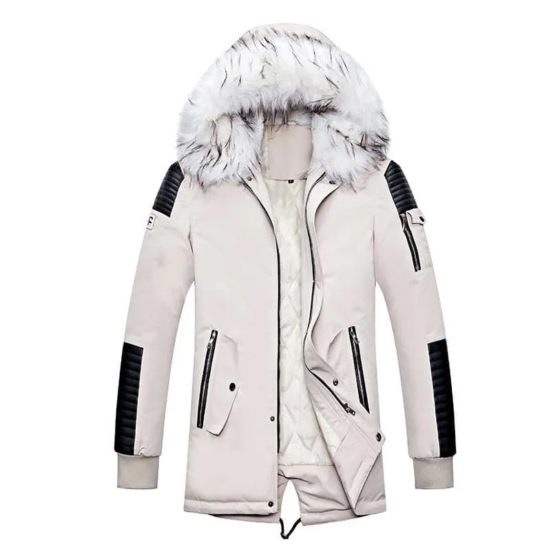 ATWELL Design Men's Sports Fashion Navy Blue & White Thick Winter Parka Fur Collar Hooded Coat Jacket