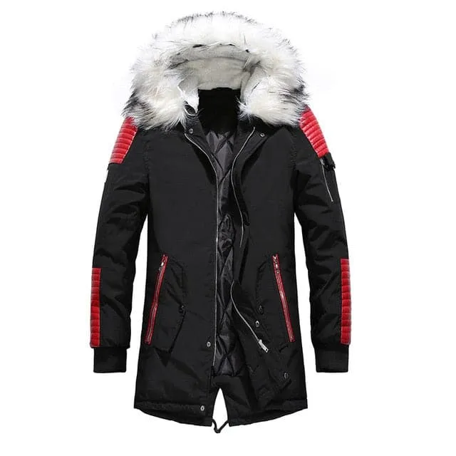 ATWELL Design Men's Sports Fashion Navy Blue & White Thick Winter Parka Fur Collar Hooded Coat Jacket