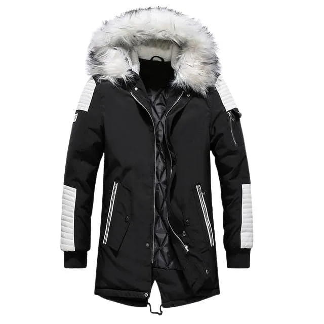 ATWELL Design Men's Sports Fashion Navy Blue & White Thick Winter Parka Fur Collar Hooded Coat Jacket