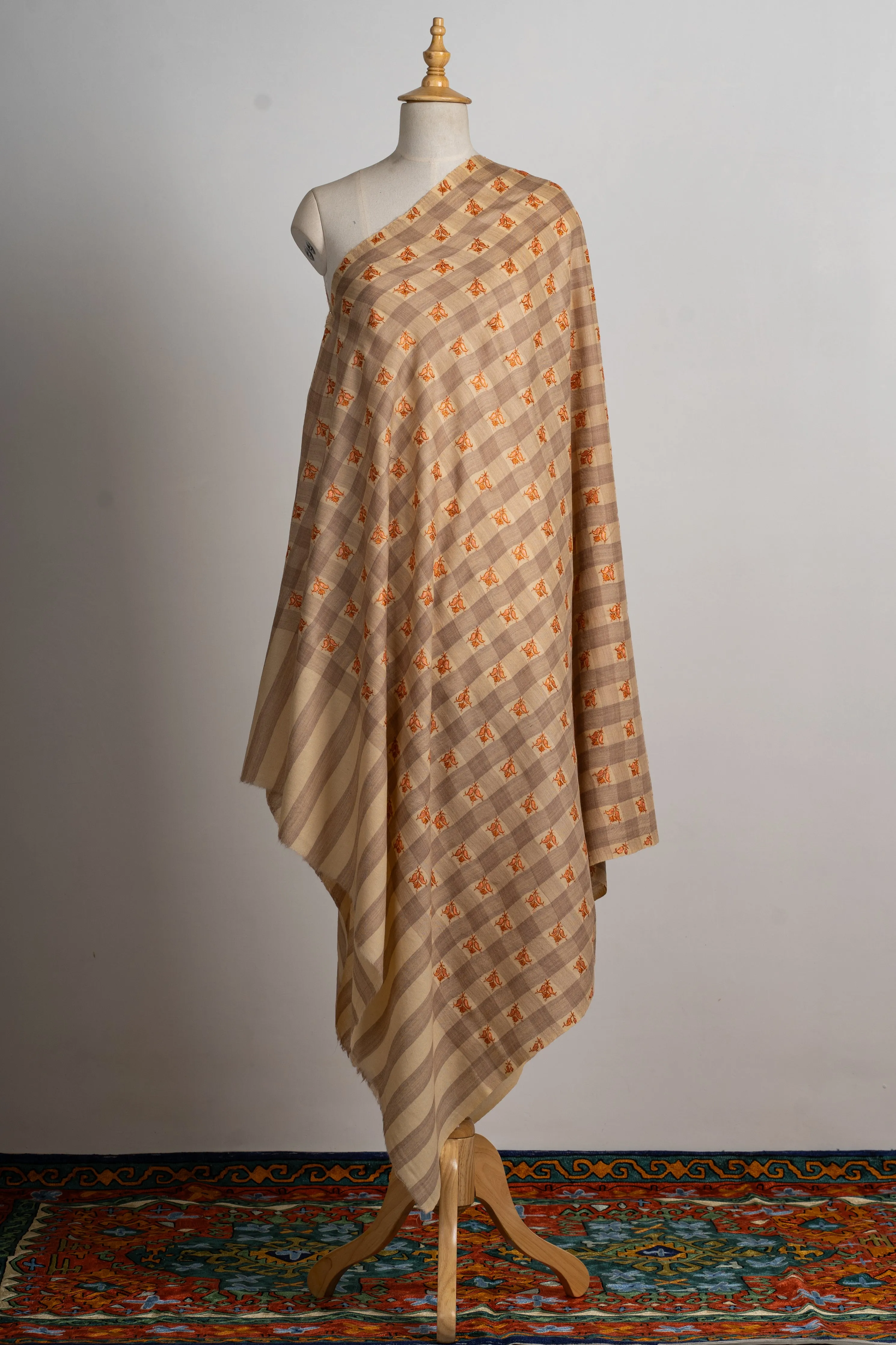 Autumn Check Hand-Embroidered Sozni Merino Wool Wrap