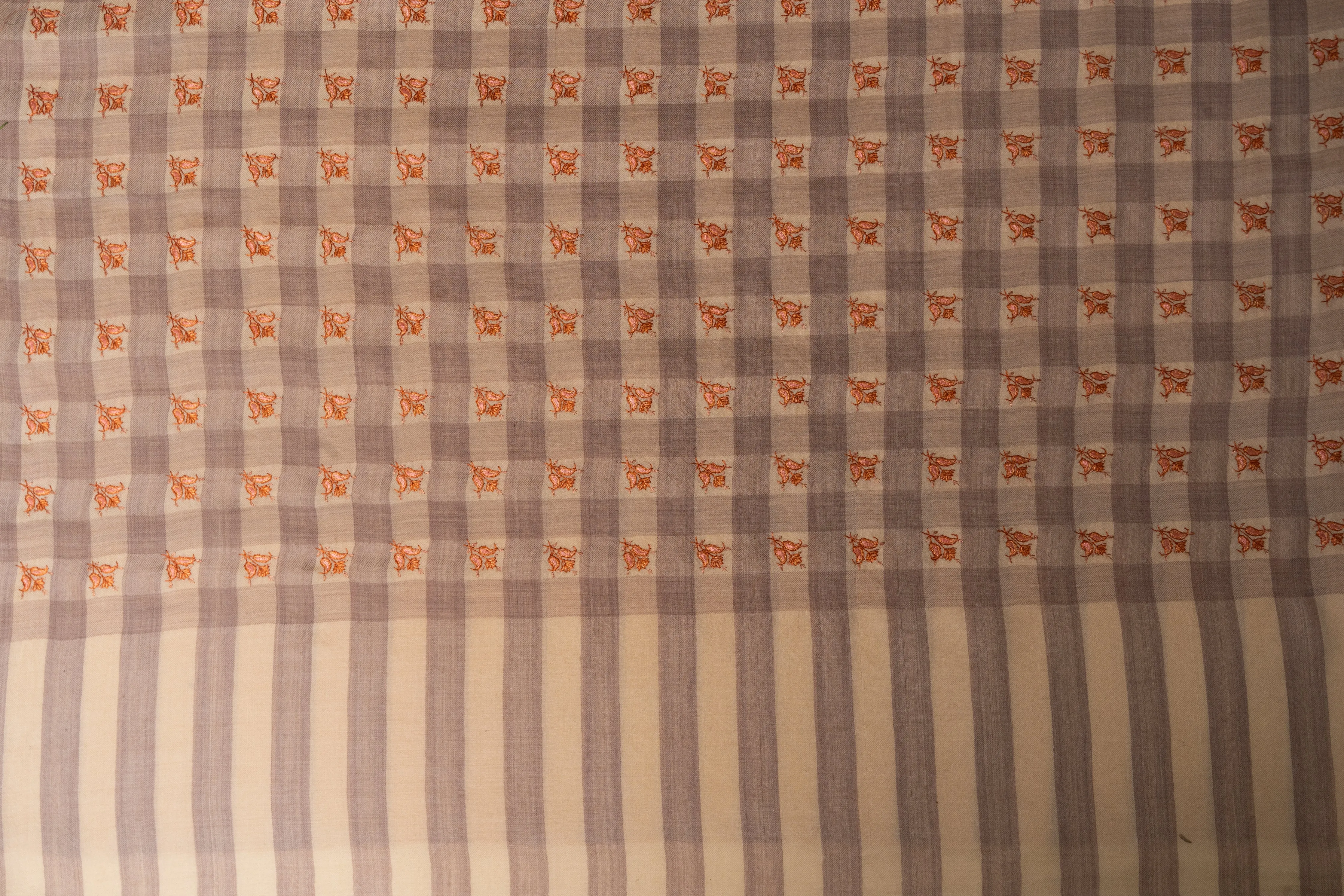 Autumn Check Hand-Embroidered Sozni Merino Wool Wrap
