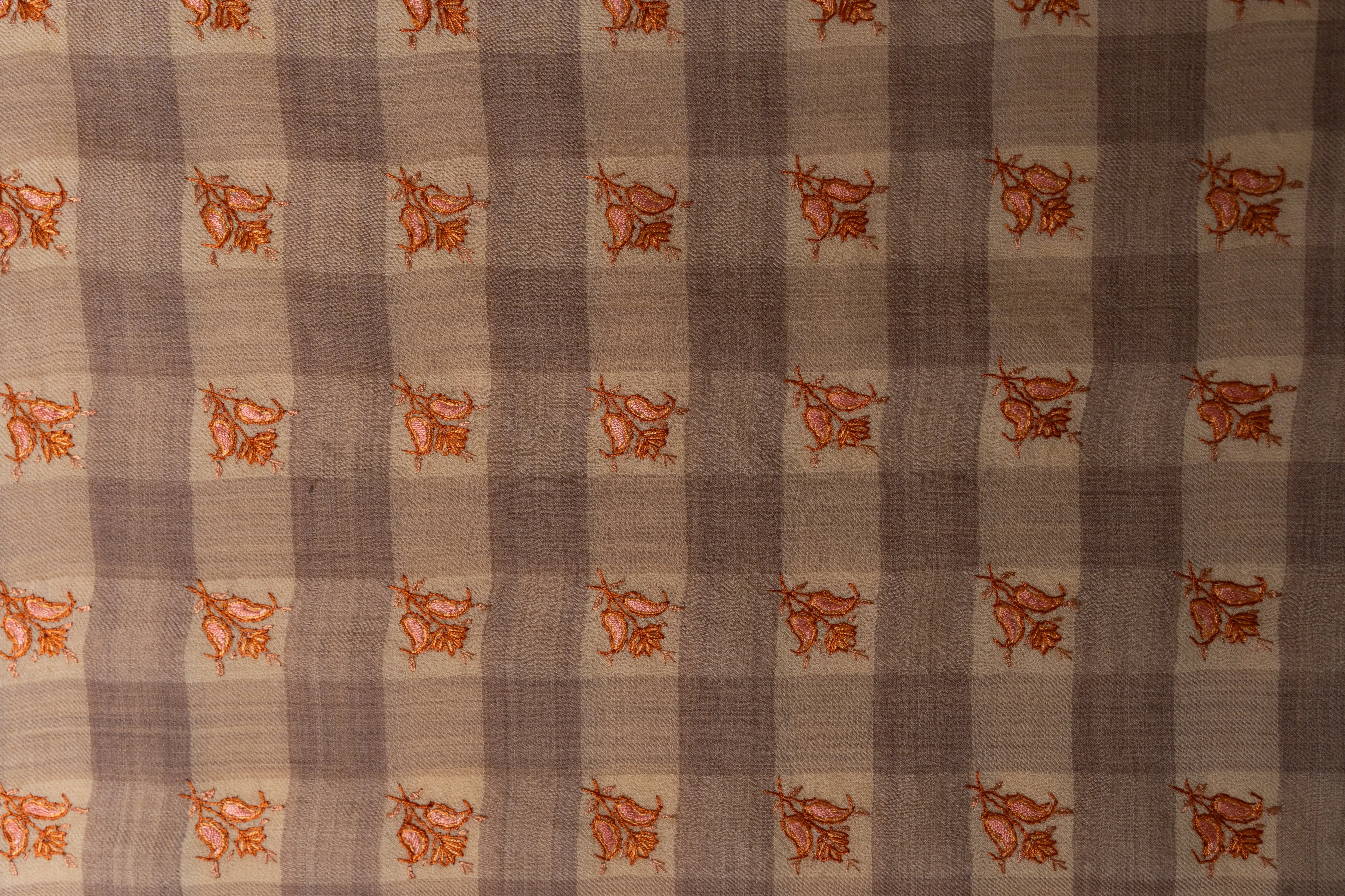 Autumn Check Hand-Embroidered Sozni Merino Wool Wrap