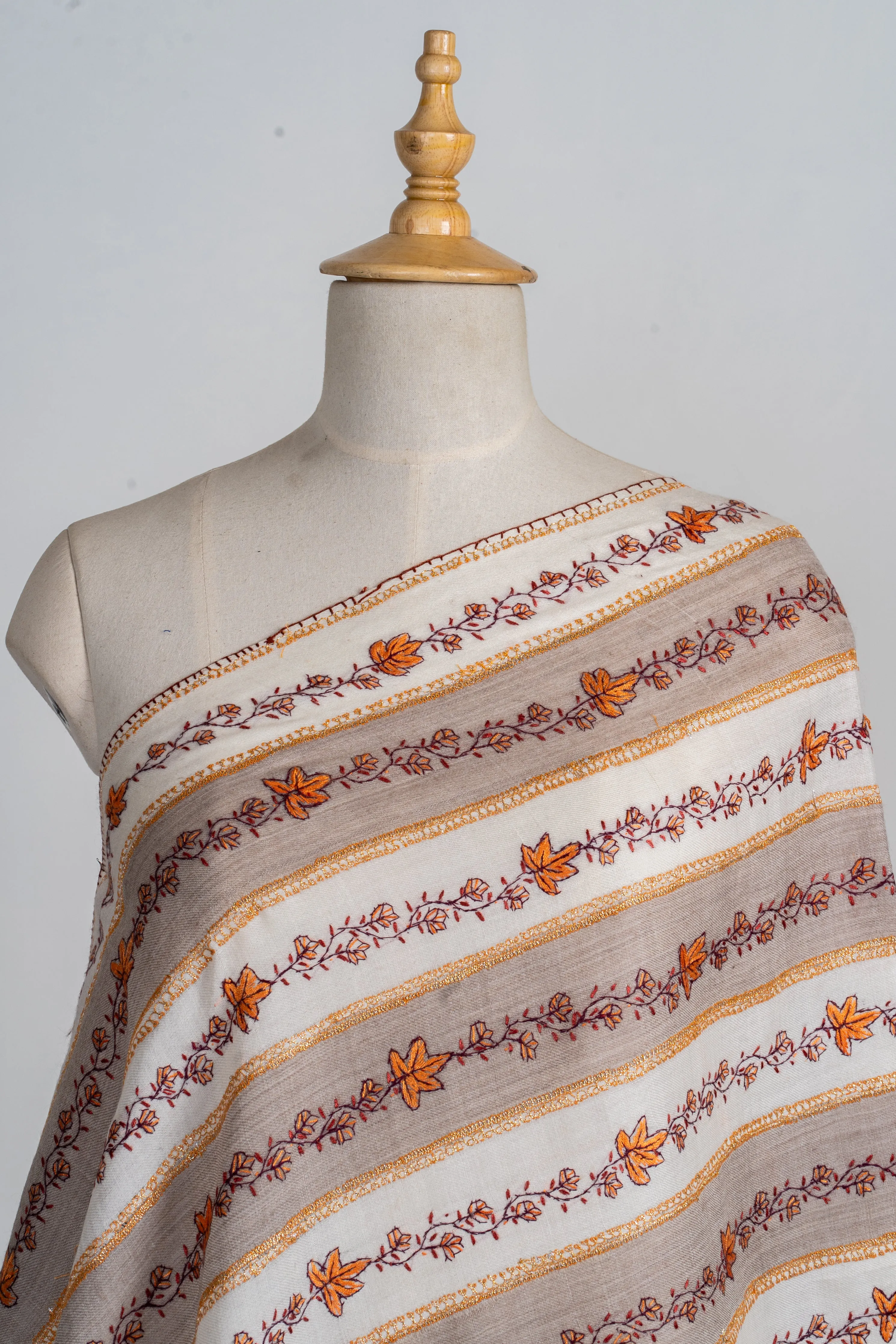 Autumn Stripes Hand-Embroidered Sozni Merino Wool Shawl