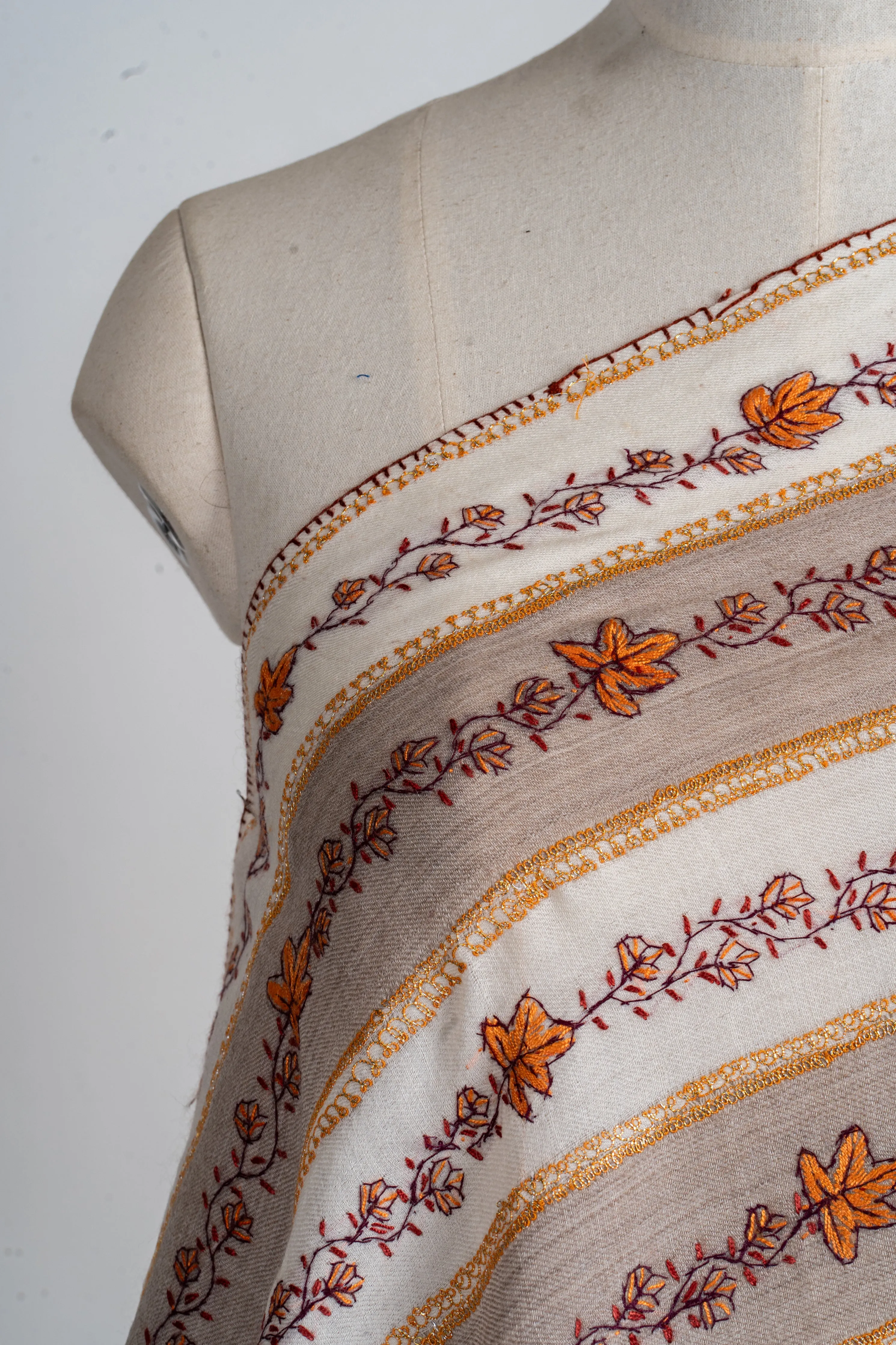 Autumn Stripes Hand-Embroidered Sozni Merino Wool Shawl
