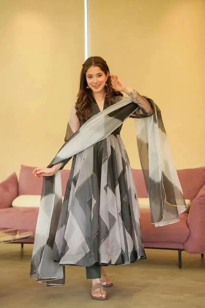 Black Gray Position Foil Pure Organza Silk Anarkali Pant Suit