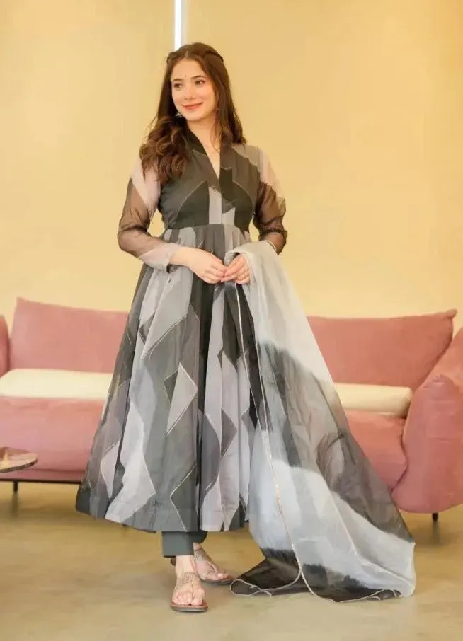 Black Gray Position Foil Pure Organza Silk Anarkali Pant Suit