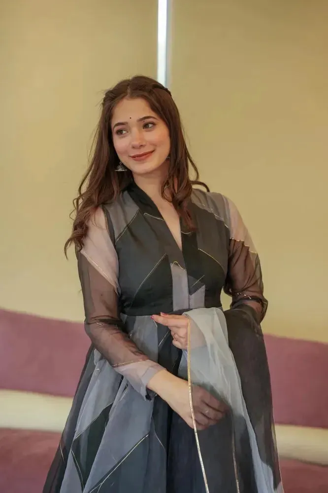 Black Gray Position Foil Pure Organza Silk Anarkali Pant Suit