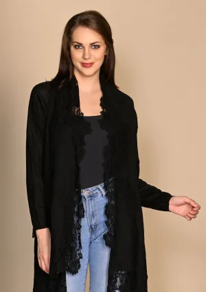Black Knitted Fine Wool Jacket with Black Floral Lace Border