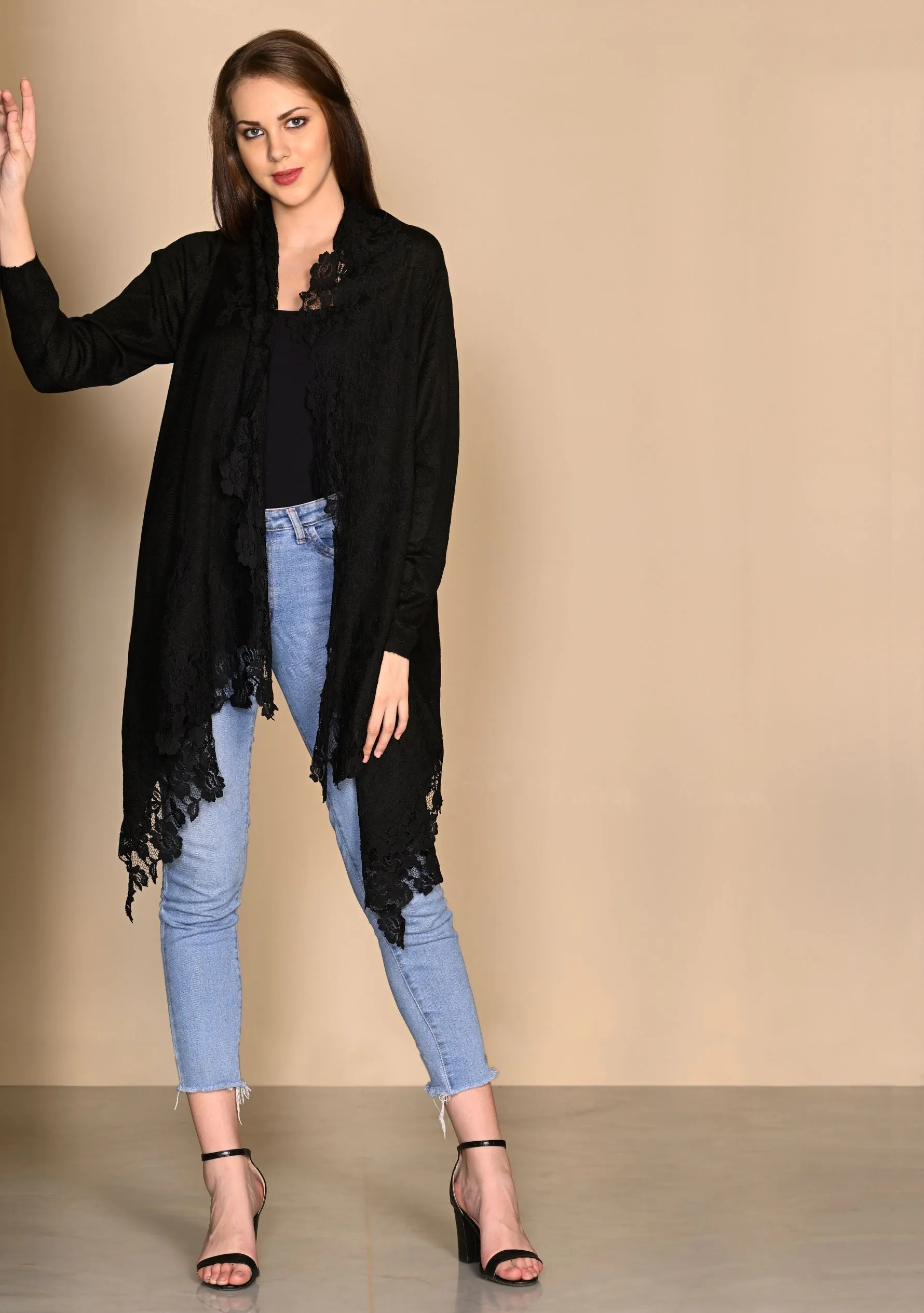 Black Knitted Fine Wool Jacket with Black Floral Lace Border