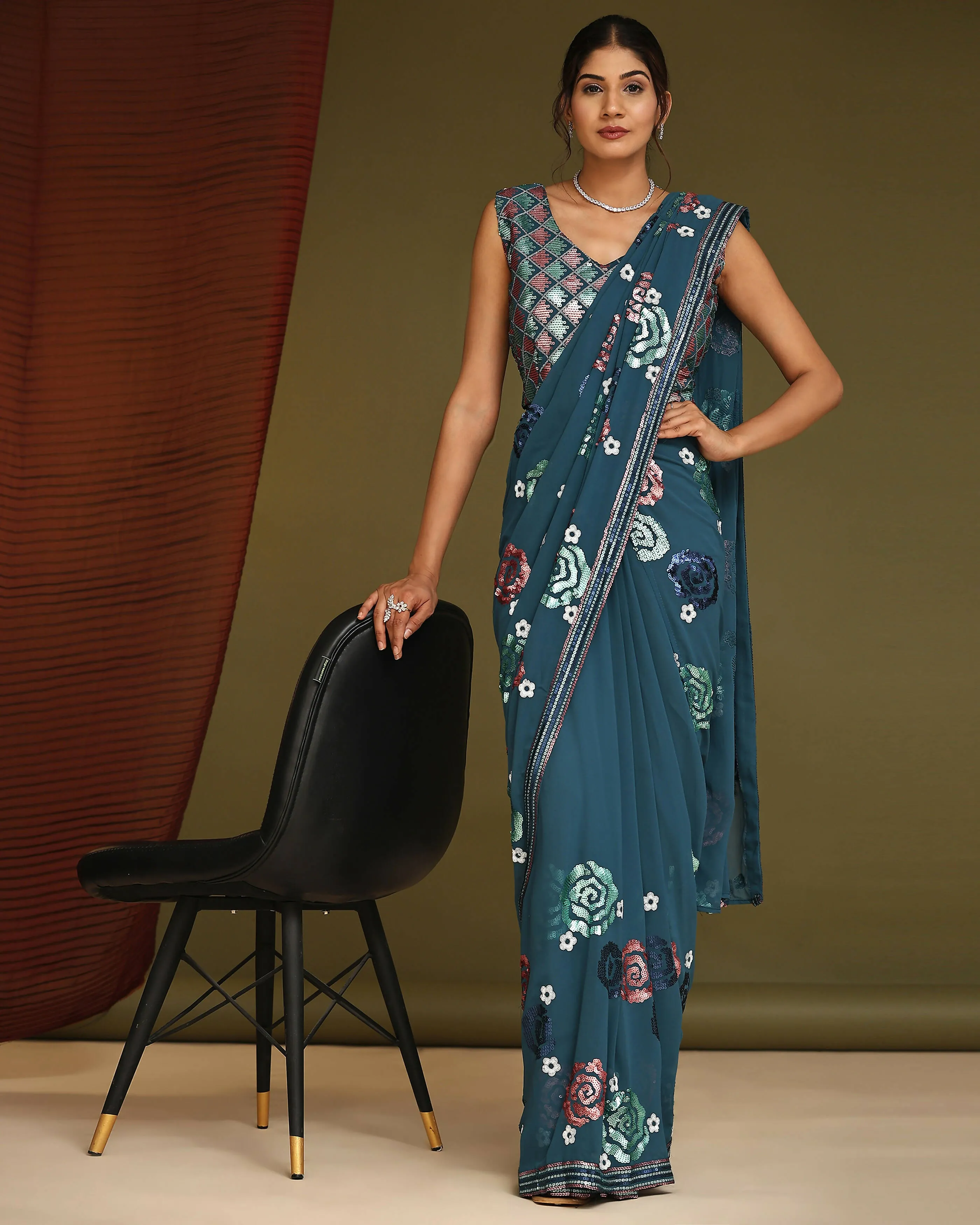 Blue Pure Georgette Sequence work Ready to wear Saree with stitched Blouse - Nirvana