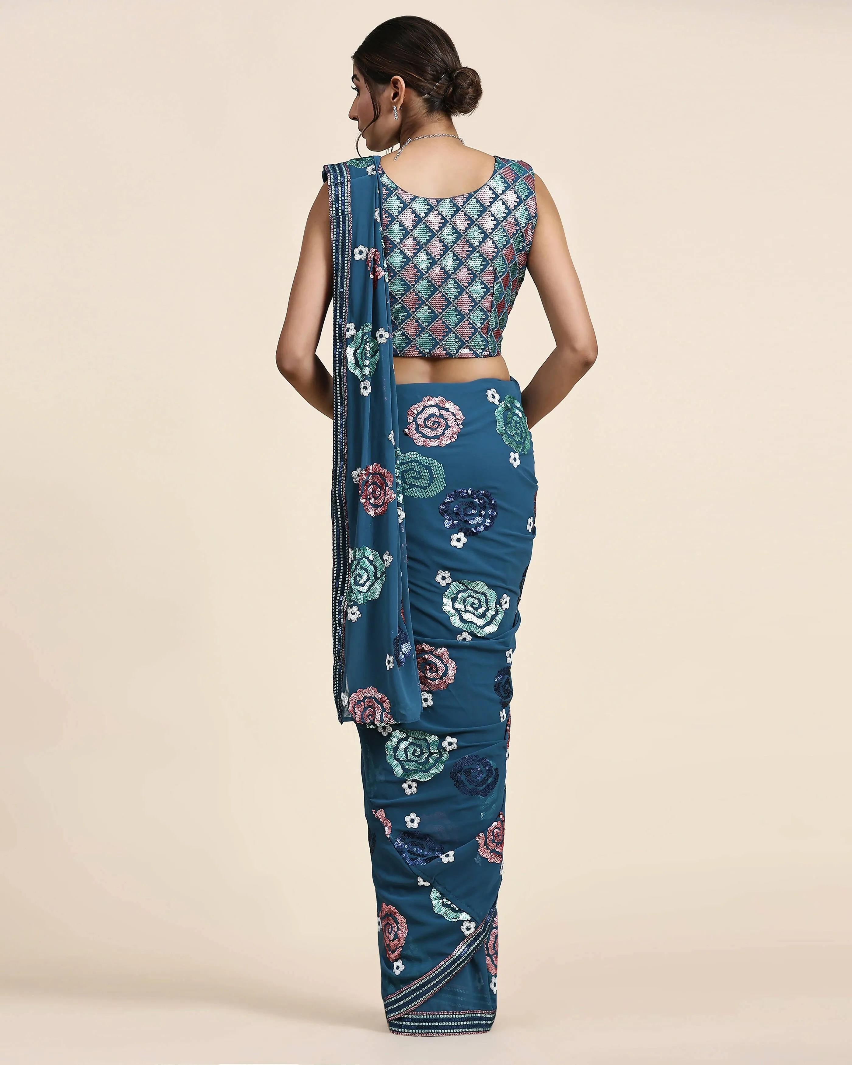 Blue Pure Georgette Sequence work Ready to wear Saree with stitched Blouse - Nirvana