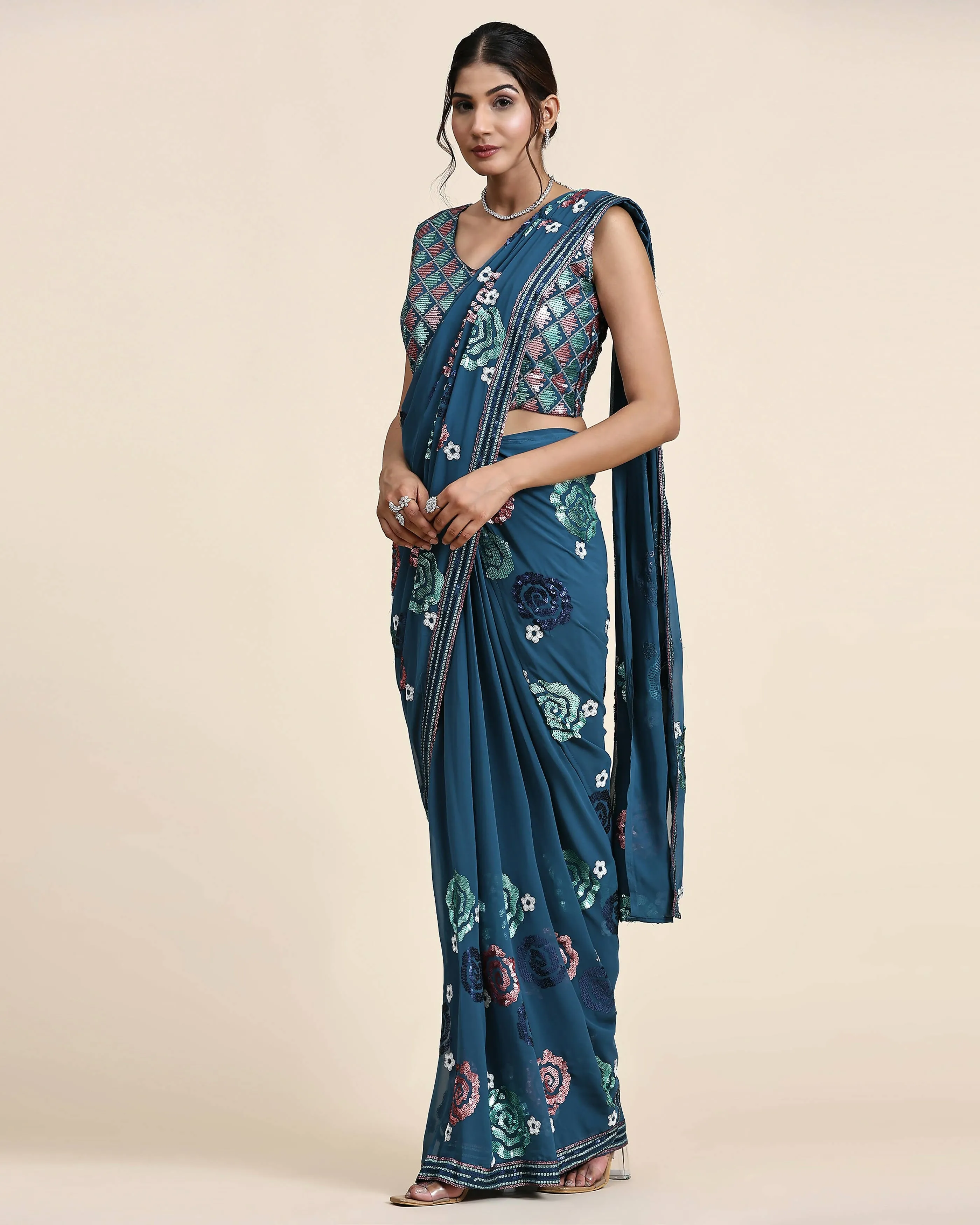 Blue Pure Georgette Sequence work Ready to wear Saree with stitched Blouse - Nirvana