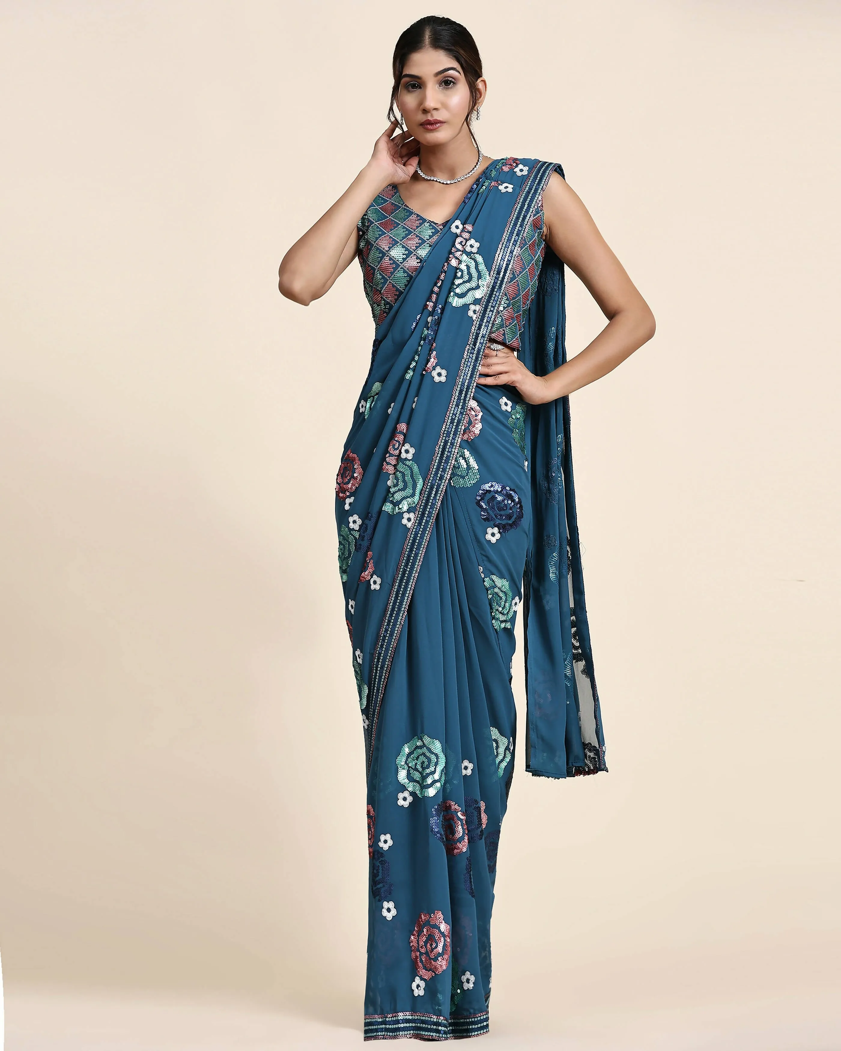 Blue Pure Georgette Sequence work Ready to wear Saree with stitched Blouse - Nirvana