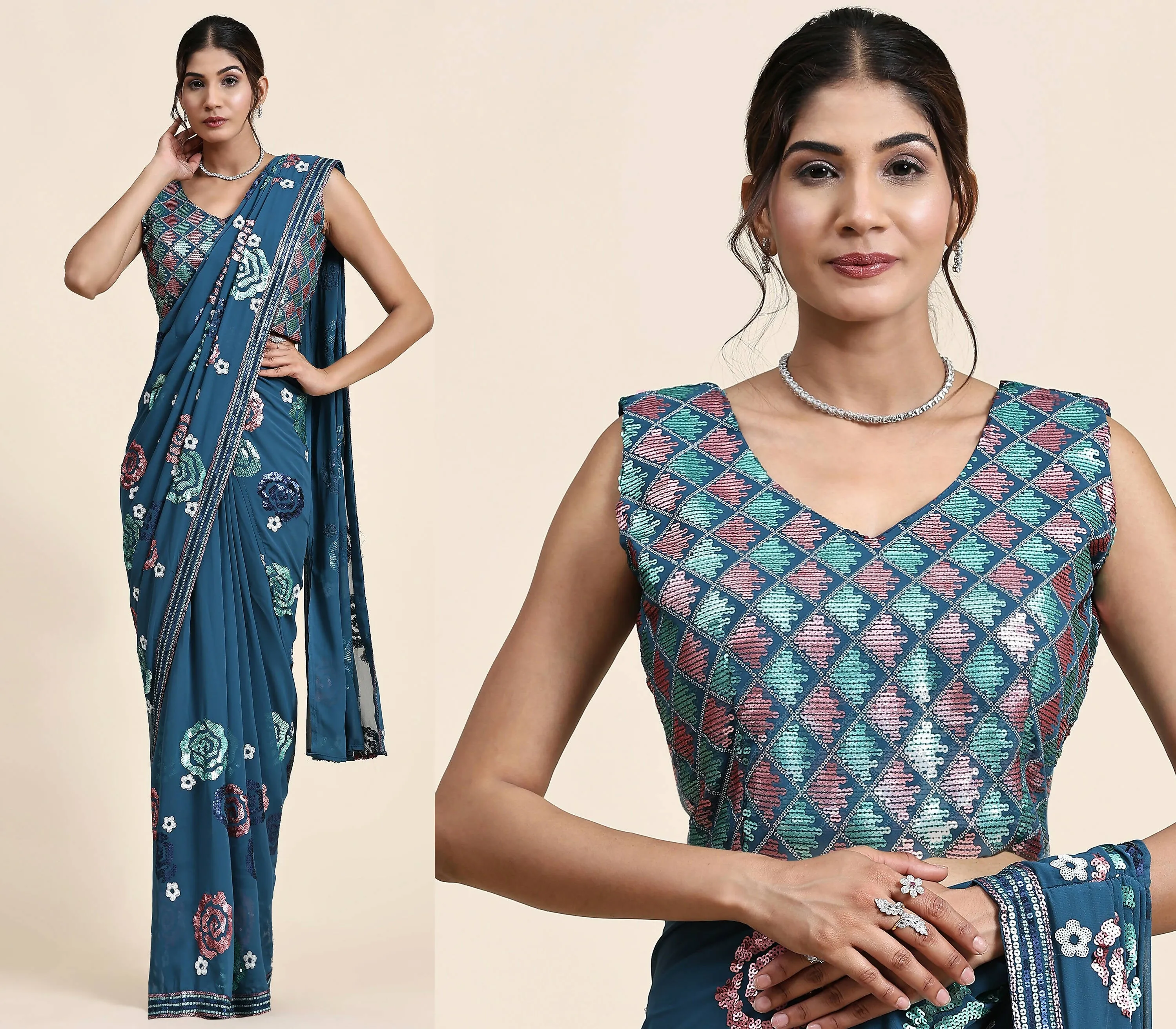 Blue Pure Georgette Sequence work Ready to wear Saree with stitched Blouse - Nirvana