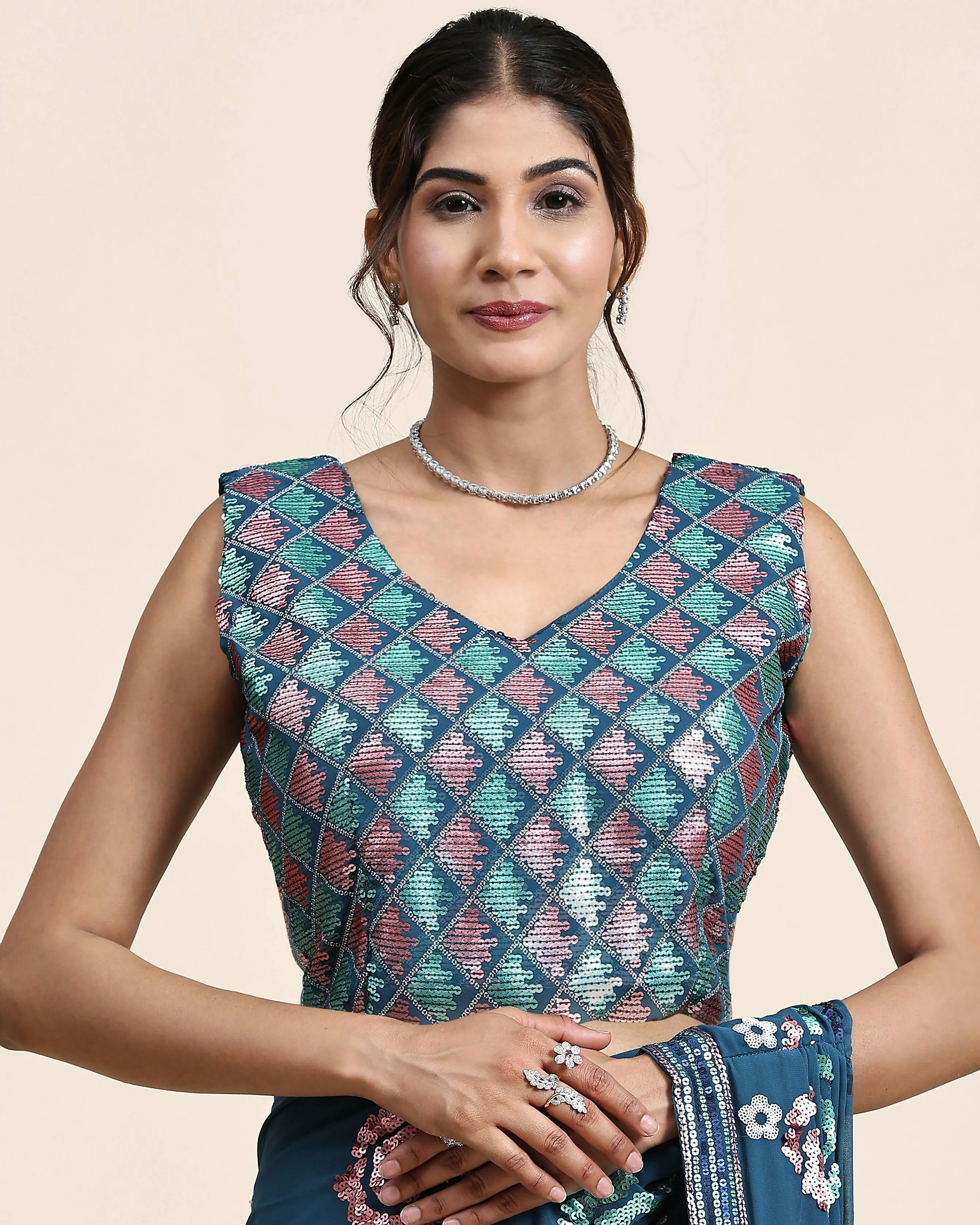 Blue Pure Georgette Sequence work Ready to wear Saree with stitched Blouse - Nirvana