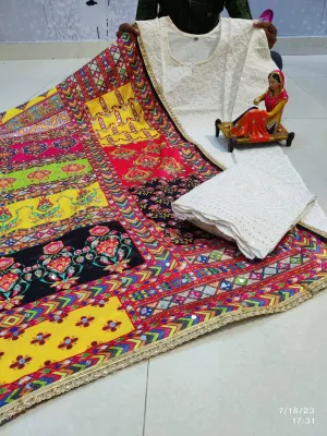Bright Yellow Multicolor Style Chikankari Elegance - Pakistani Dupatta & Kurti Palazzo Set