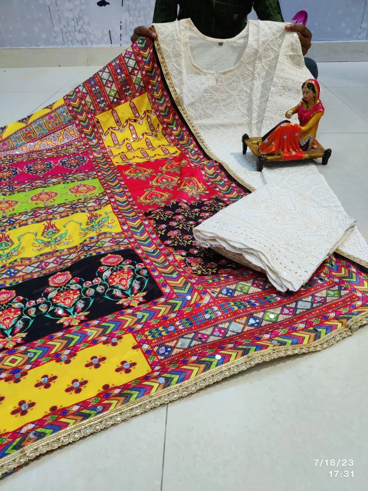 Bright Yellow Multicolor Style Chikankari Elegance - Pakistani Dupatta & Kurti Palazzo Set