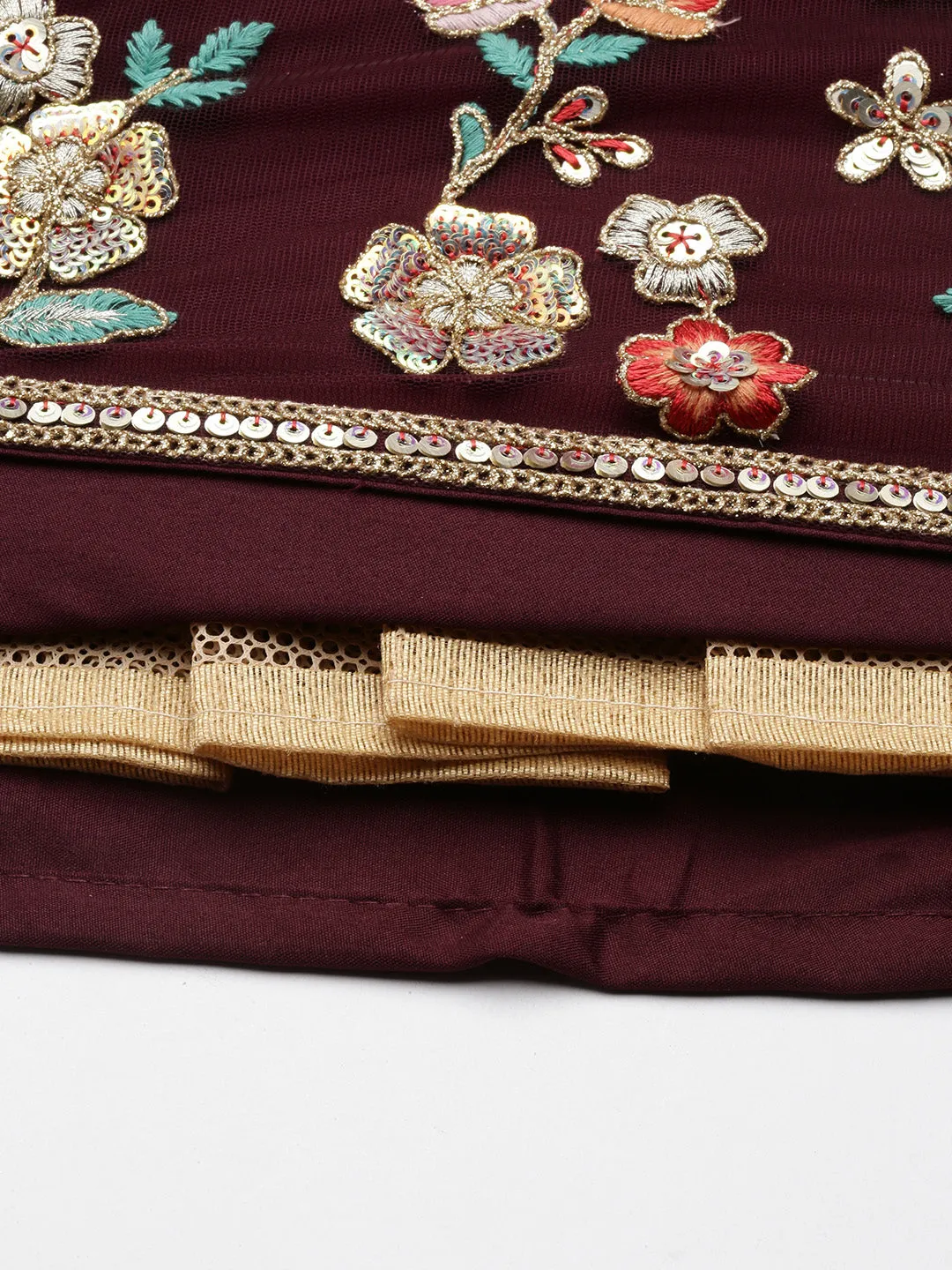 Burgundy Net Sequinse Work Semi-Stitched Lehenga & Unstitched Blouse, Dupatta
