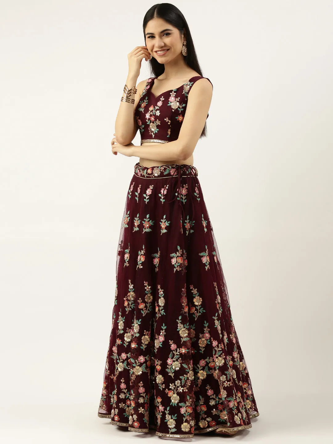 Burgundy Net Sequinse Work Semi-Stitched Lehenga & Unstitched Blouse, Dupatta