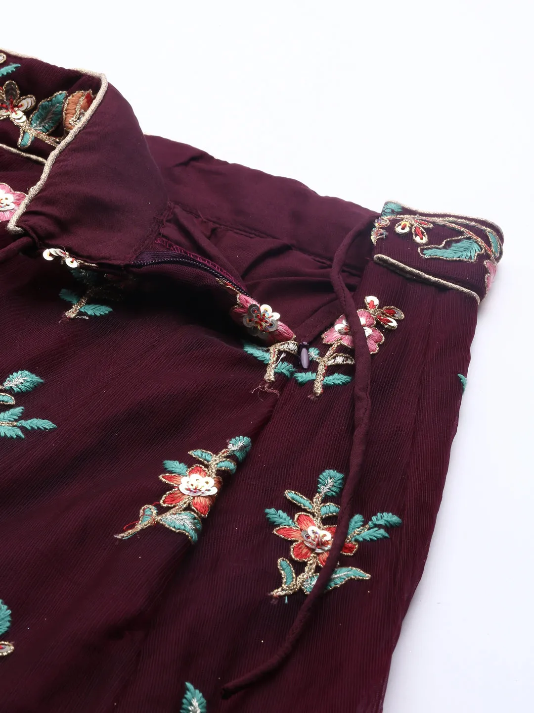 Burgundy Net Sequinse Work Semi-Stitched Lehenga & Unstitched Blouse, Dupatta