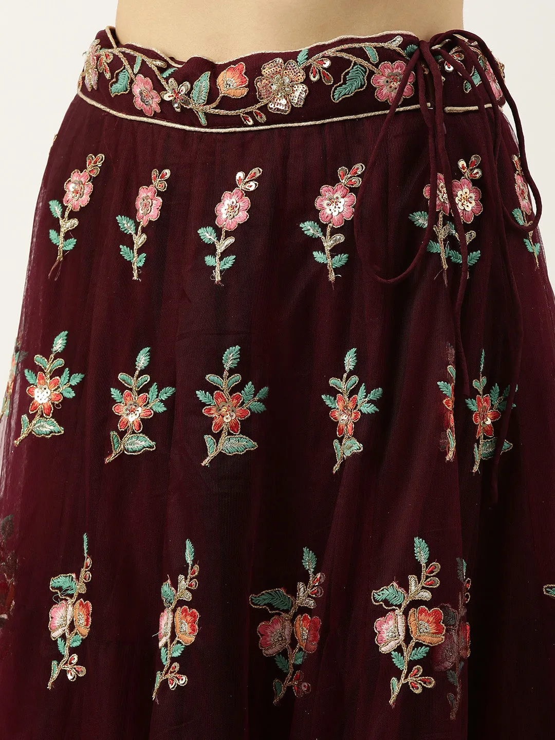 Burgundy Net Sequinse Work Semi-Stitched Lehenga & Unstitched Blouse, Dupatta