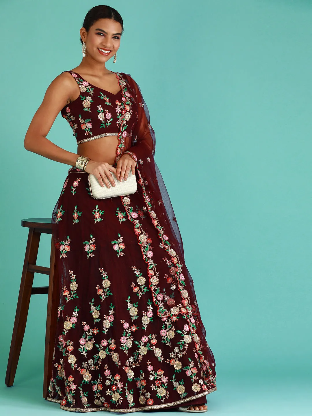 Burgundy Net Sequinse Work Semi-Stitched Lehenga & Unstitched Blouse, Dupatta