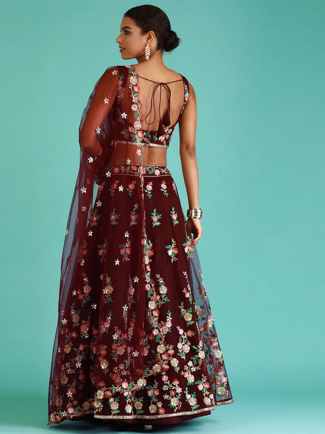 Burgundy Net Sequinse Work Semi-Stitched Lehenga & Unstitched Blouse, Dupatta