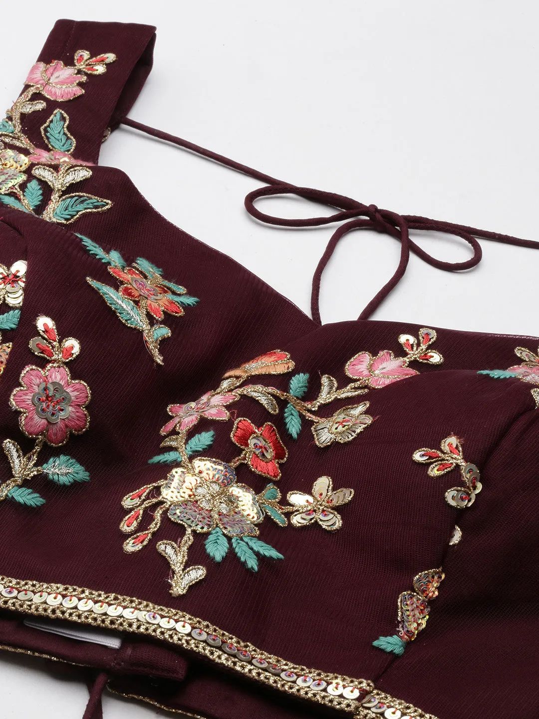 Burgundy Net Sequinse Work Semi-Stitched Lehenga & Unstitched Blouse, Dupatta