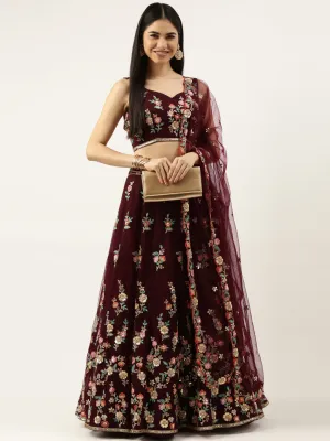 Burgundy Net Sequinse Work Semi-Stitched Lehenga & Unstitched Blouse, Dupatta