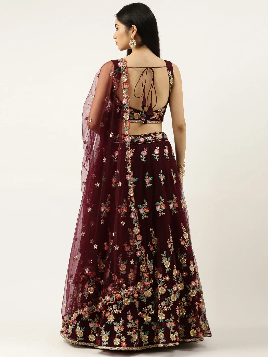 Burgundy Net Sequinse Work Semi-Stitched Lehenga & Unstitched Blouse, Dupatta