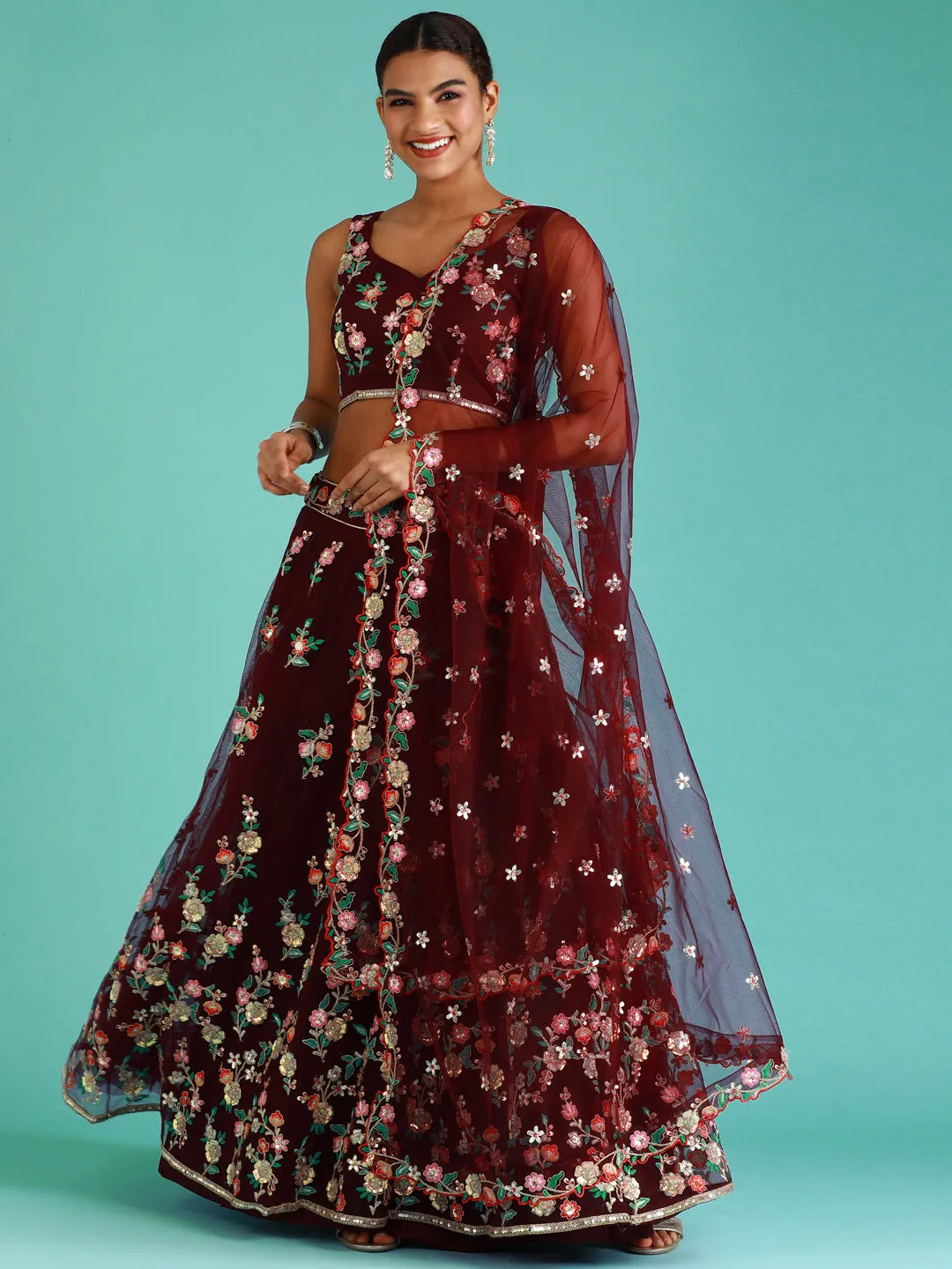 Burgundy Net Sequinse Work Semi-Stitched Lehenga & Unstitched Blouse, Dupatta