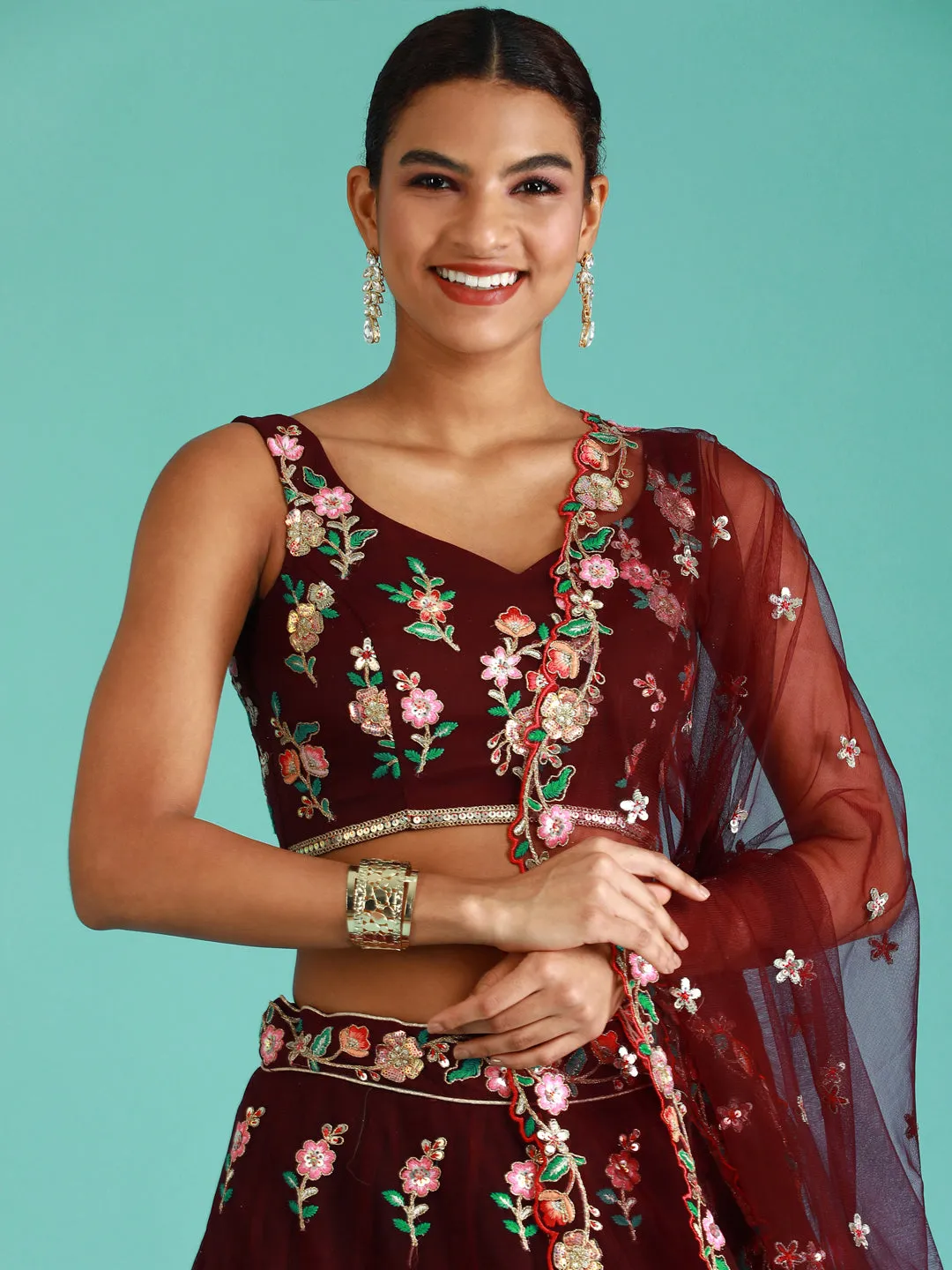 Burgundy Net Sequinse Work Semi-Stitched Lehenga & Unstitched Blouse, Dupatta