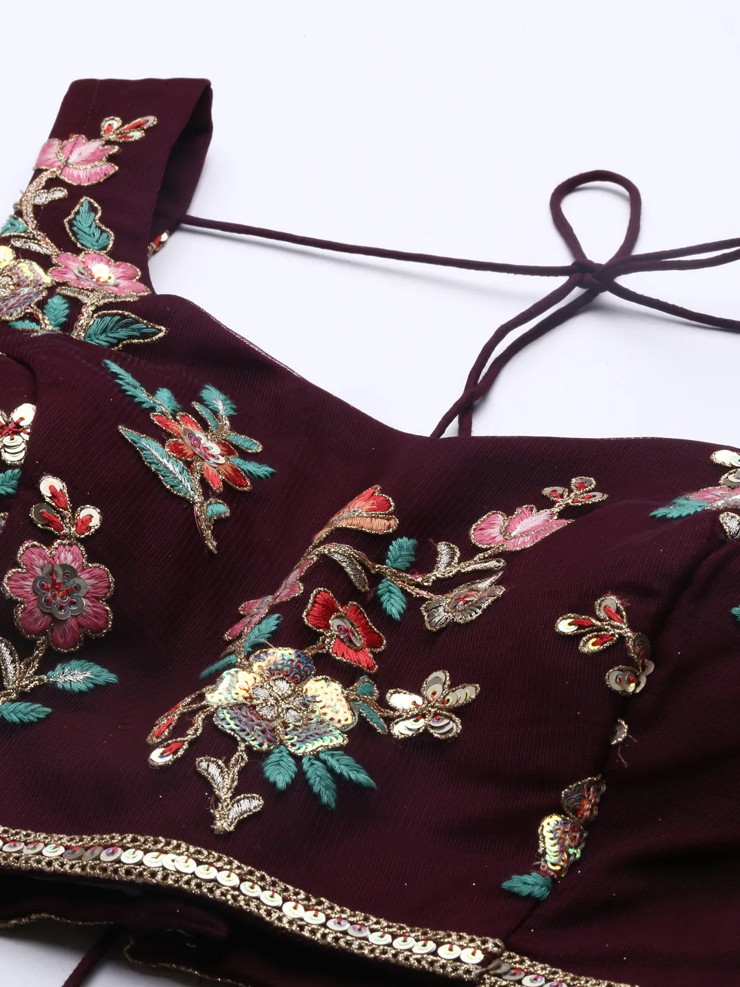 Burgundy Net Sequinse Work Semi-Stitched Lehenga & Unstitched Blouse, Dupatta