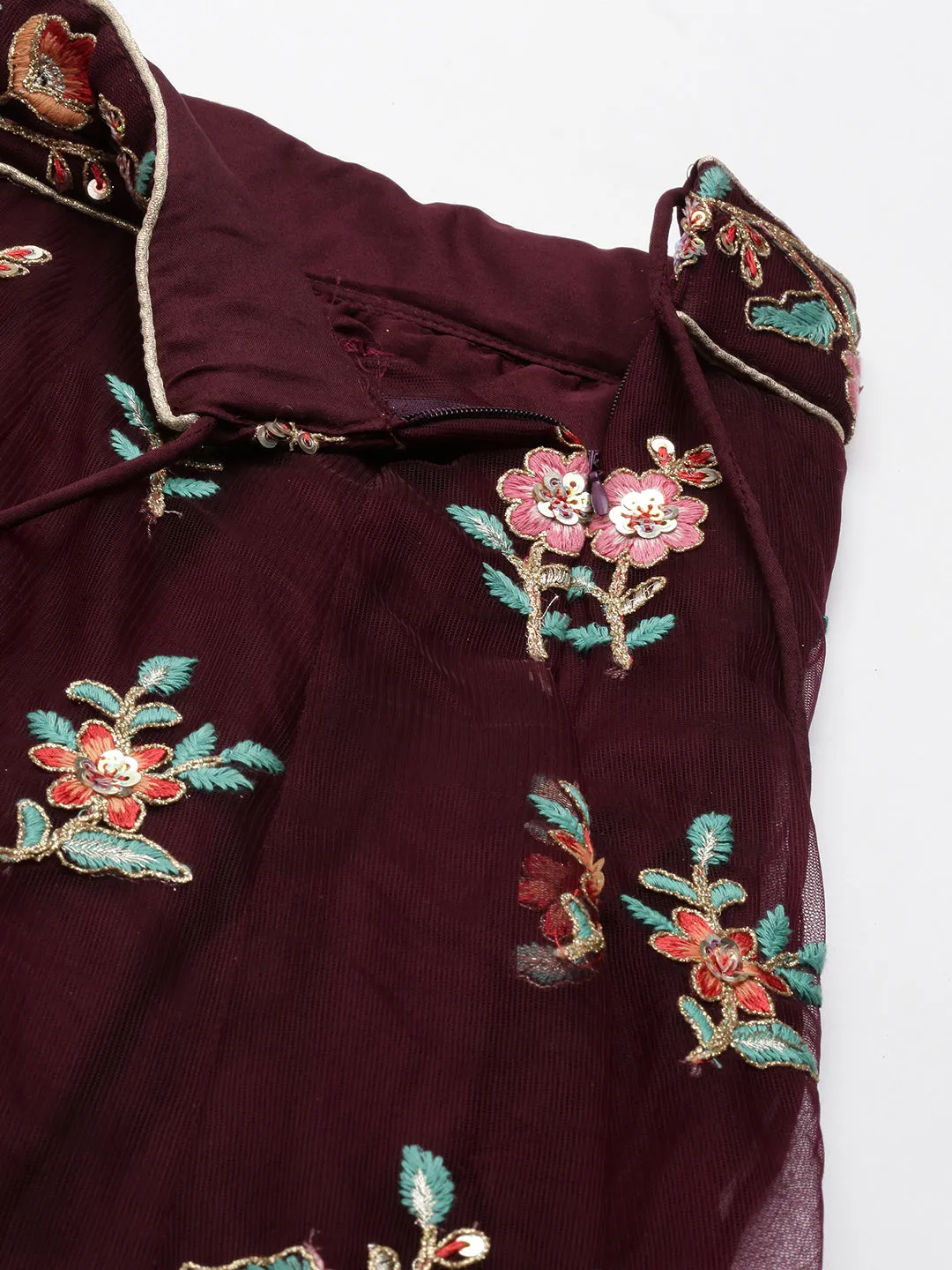 Burgundy Net Sequinse Work Semi-Stitched Lehenga & Unstitched Blouse, Dupatta