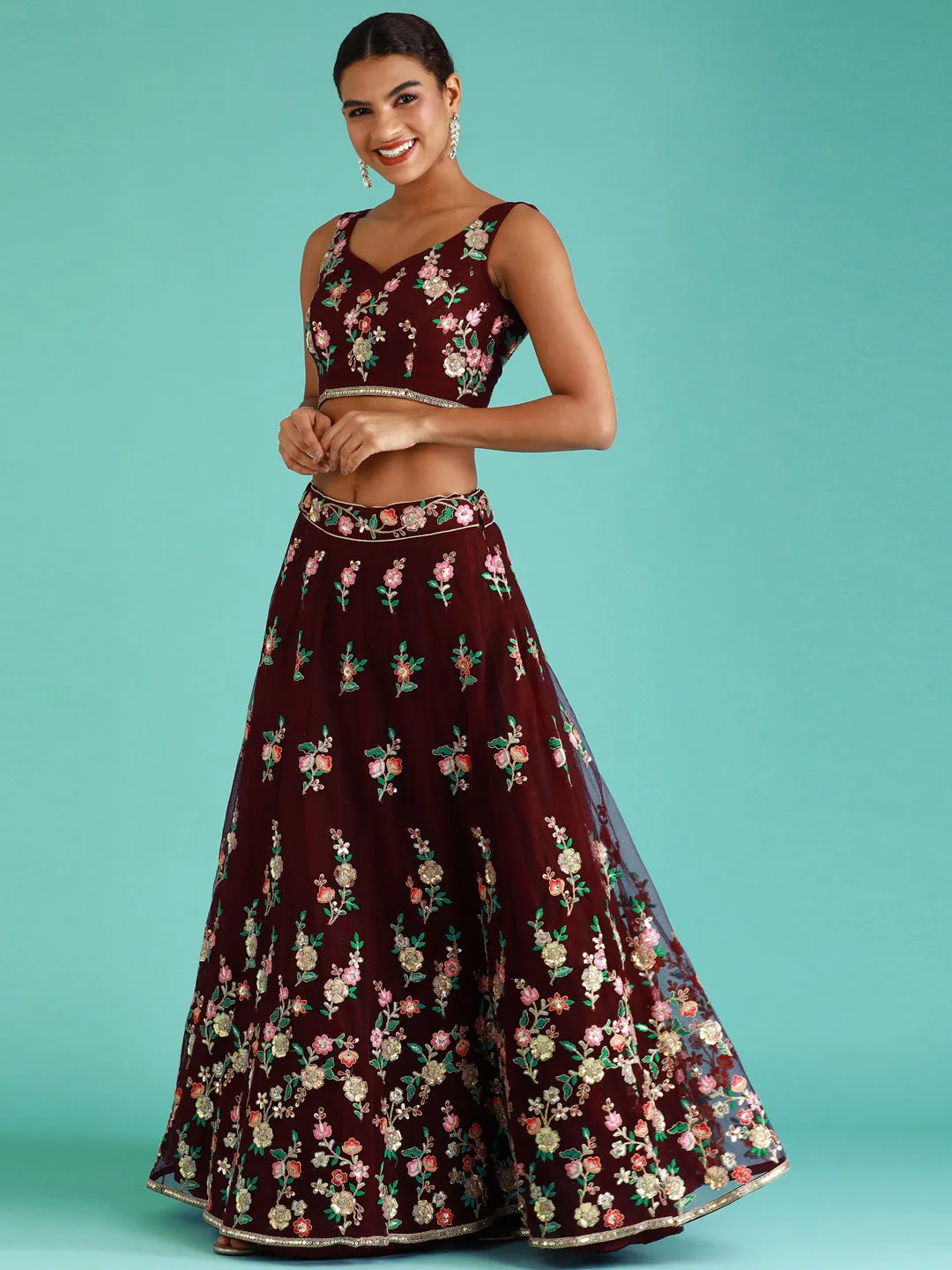 Burgundy Net Sequinse Work Semi-Stitched Lehenga & Unstitched Blouse, Dupatta