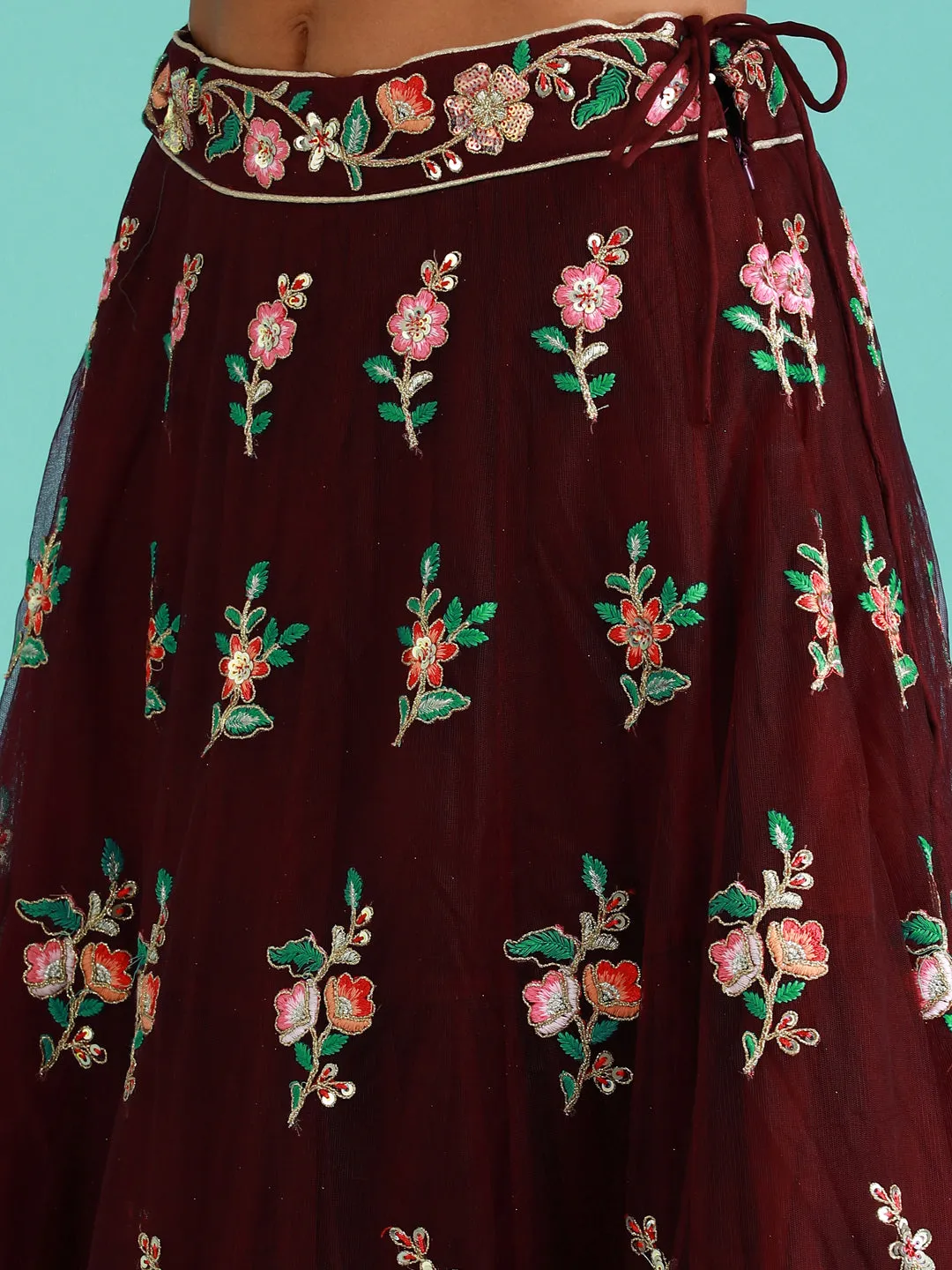 Burgundy Net Sequinse Work Semi-Stitched Lehenga & Unstitched Blouse, Dupatta