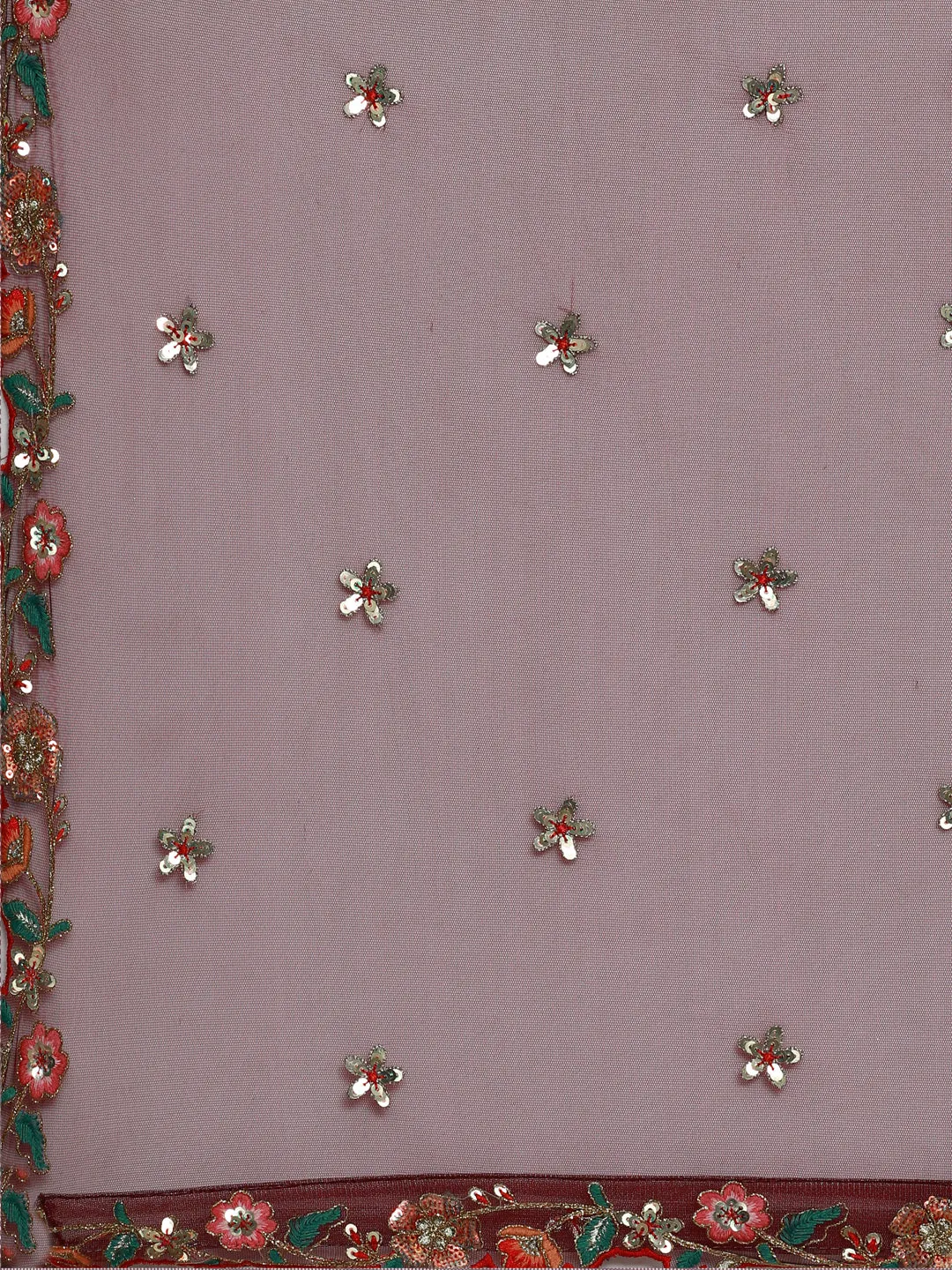 Burgundy Net Sequinse Work Semi-Stitched Lehenga & Unstitched Blouse, Dupatta