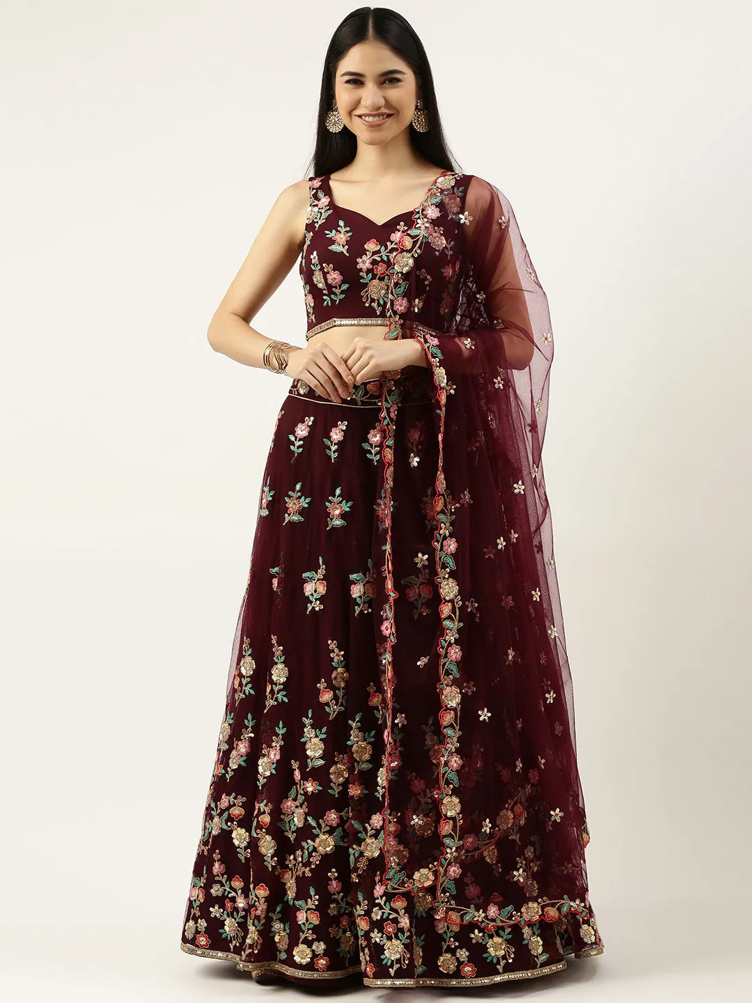Burgundy Net Sequinse Work Semi-Stitched Lehenga & Unstitched Blouse, Dupatta