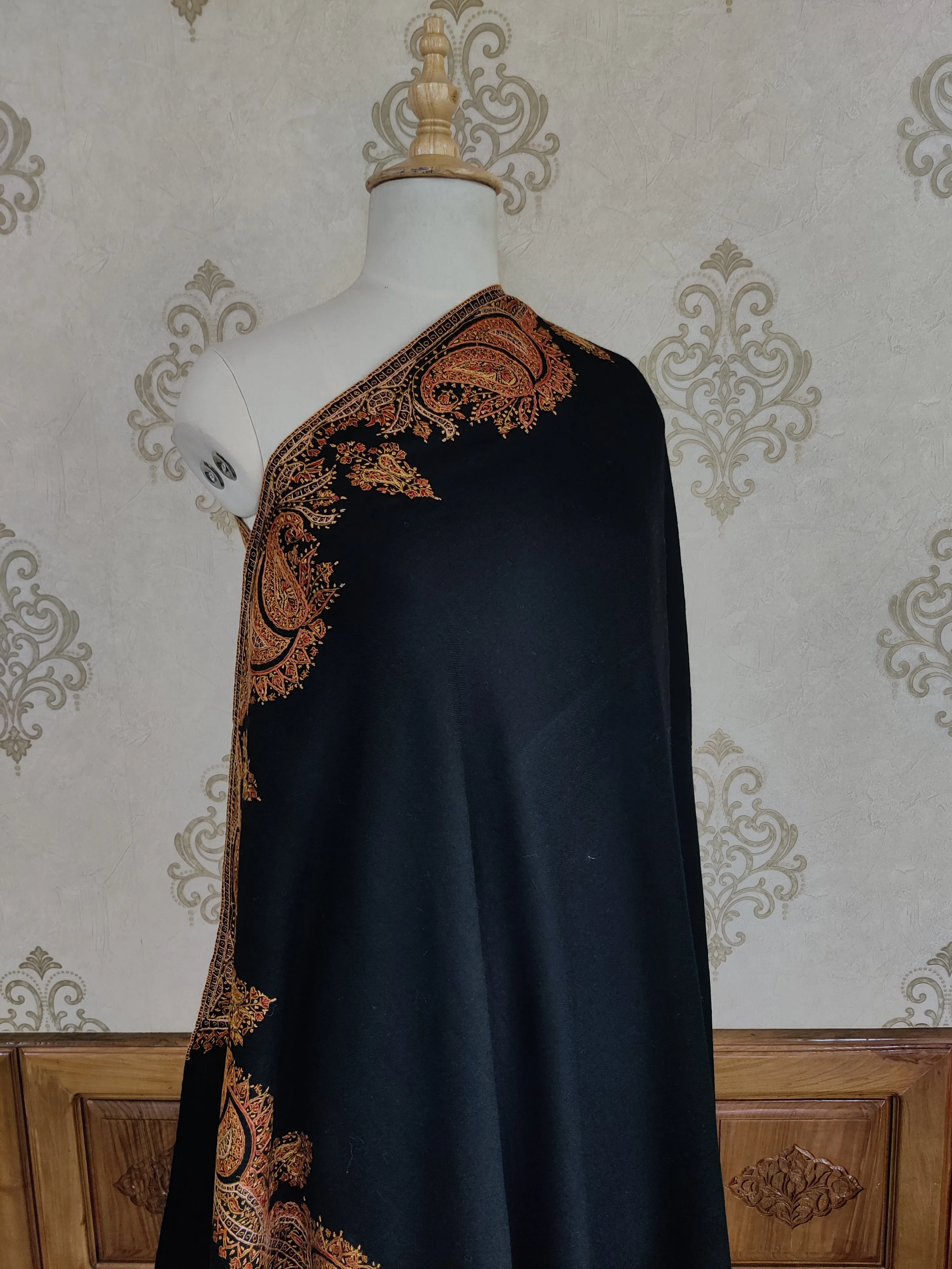 Classic Black Merino Wool Shawl with Intricate Sozni Hand Embroidery Highlights