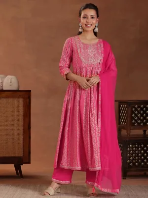 Coral Printed Rayon A-Line Kurta With Sharara & Dupatta