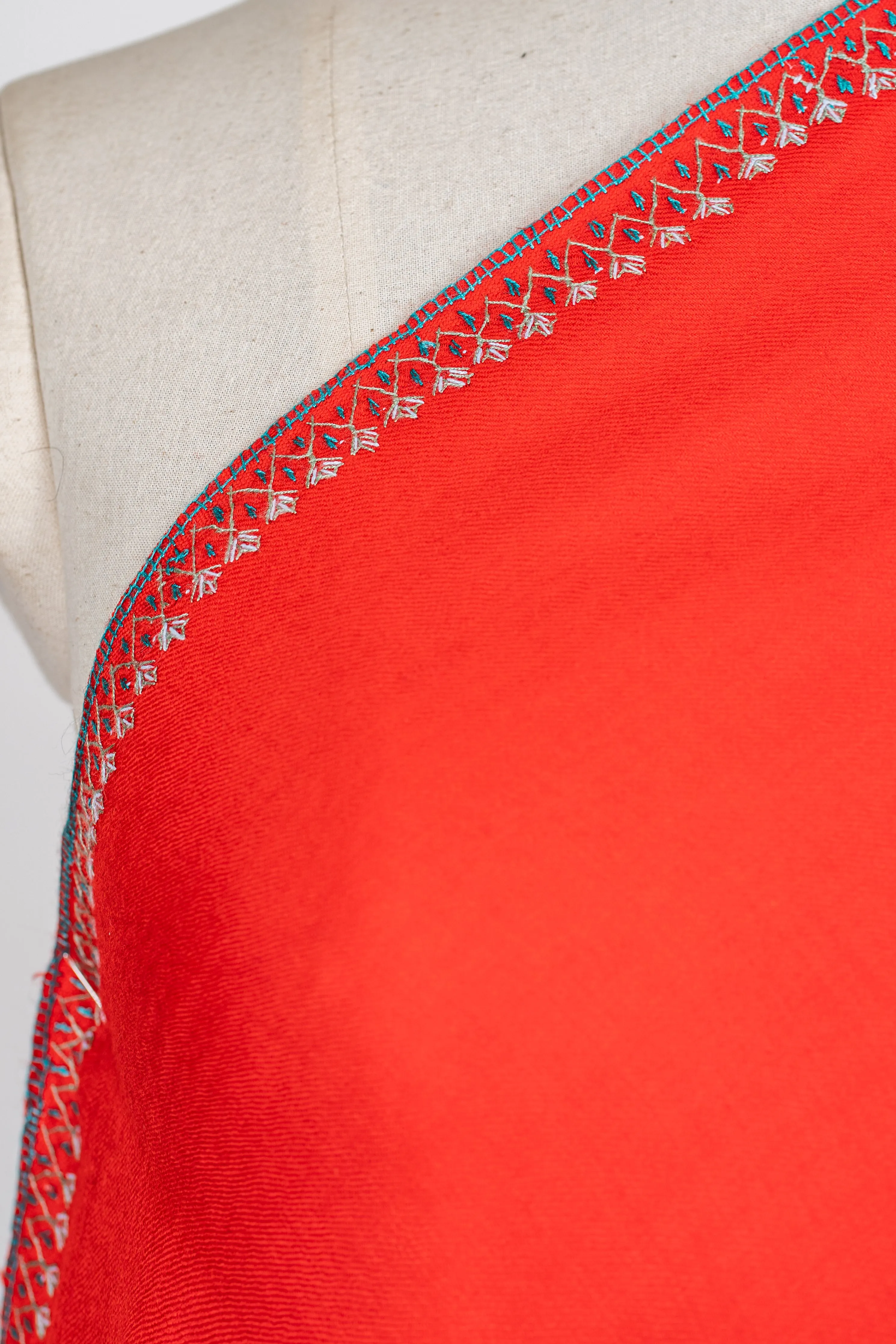 Crimson Bliss: Sozni Embroidered Merino Wool Shawl