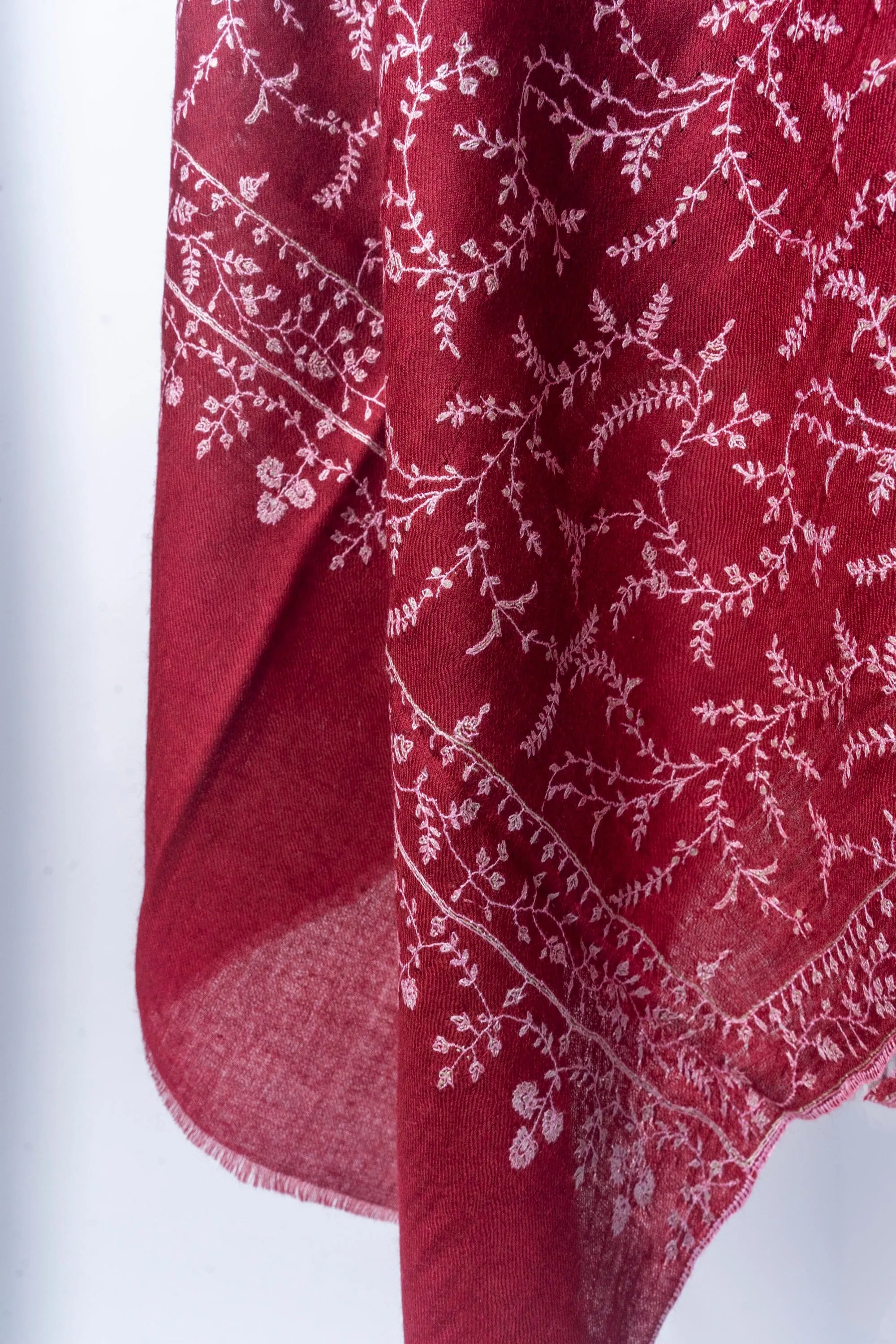 Crimson Frost: Hand Embroidered Pure Pashmina Sozni Scarf