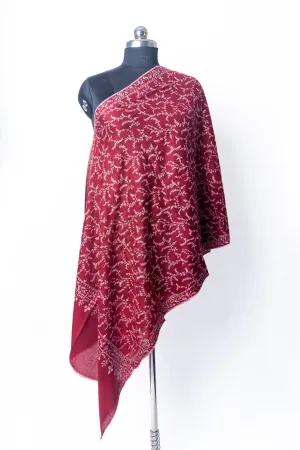 Crimson Frost: Hand Embroidered Pure Pashmina Sozni Scarf