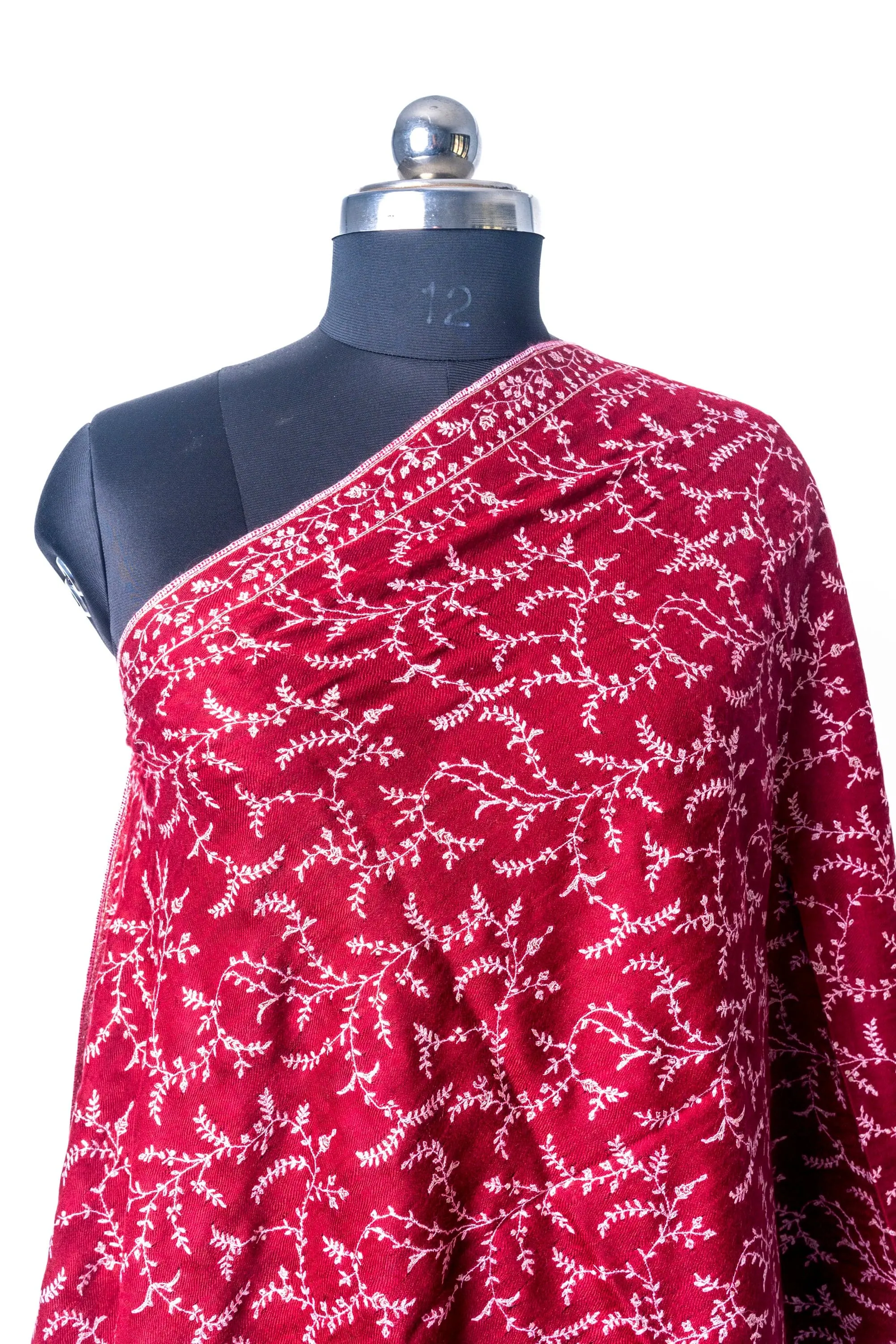Crimson Frost: Hand Embroidered Pure Pashmina Sozni Scarf
