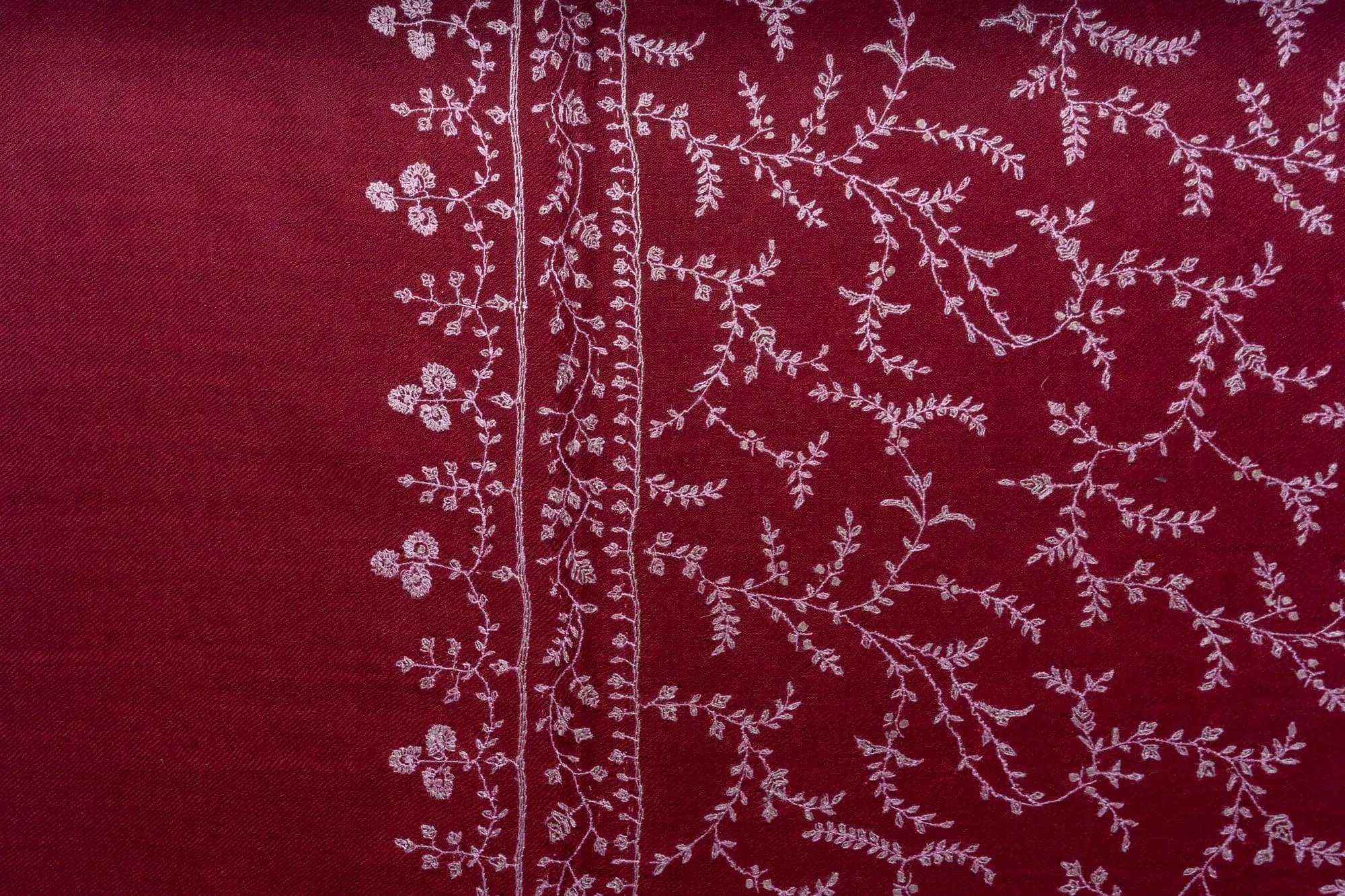 Crimson Frost: Hand Embroidered Pure Pashmina Sozni Scarf