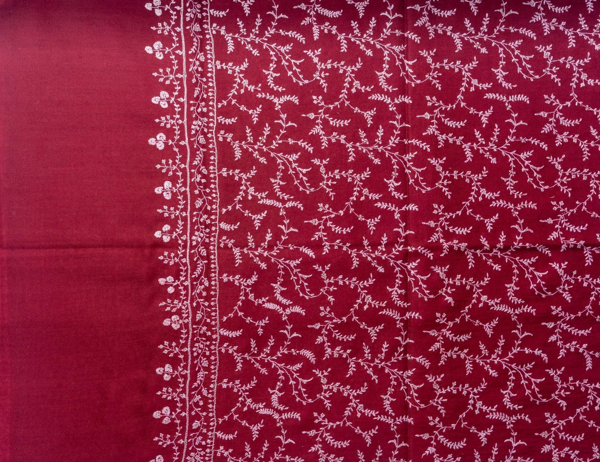 Crimson Frost: Hand Embroidered Pure Pashmina Sozni Scarf