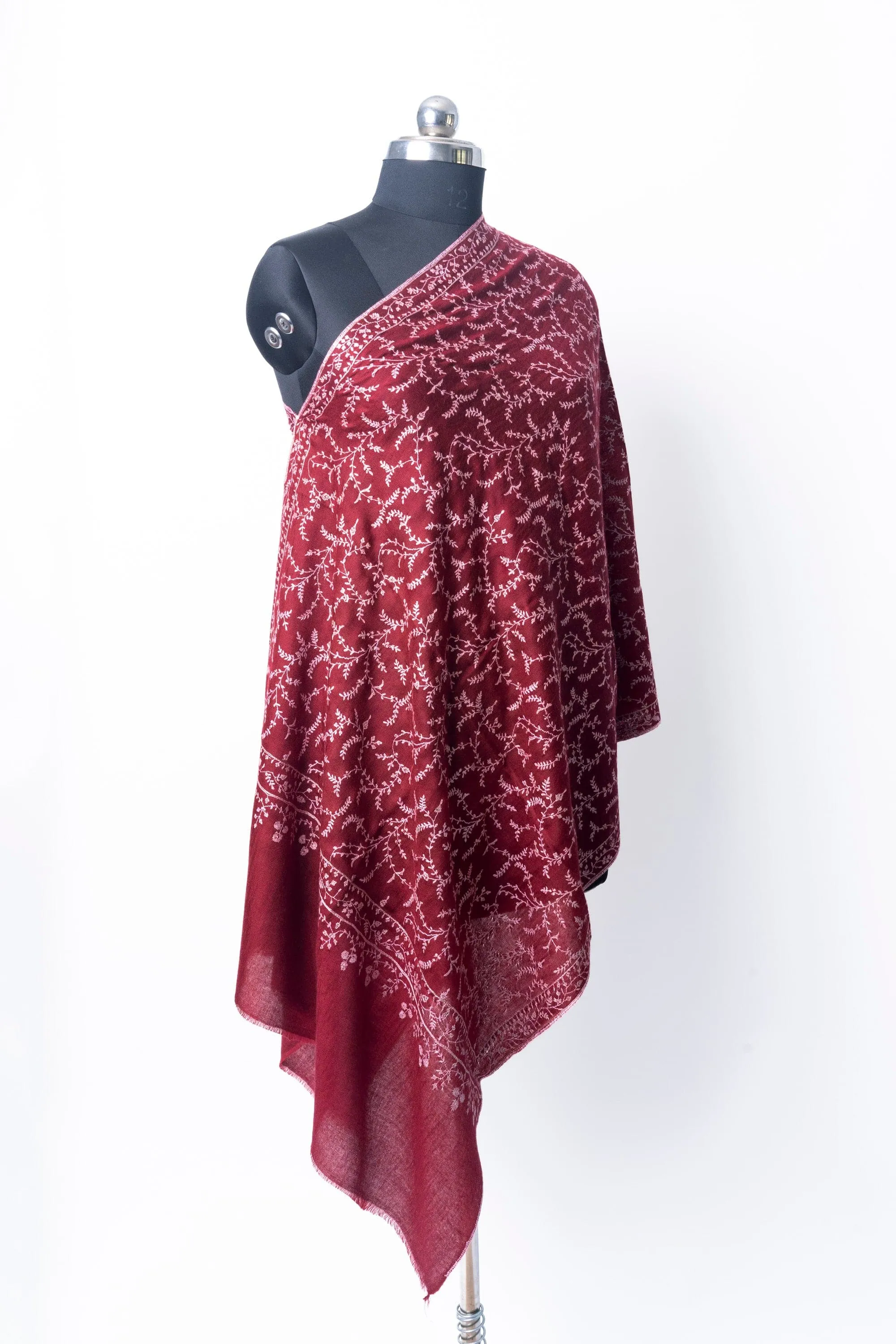 Crimson Frost: Hand Embroidered Pure Pashmina Sozni Scarf