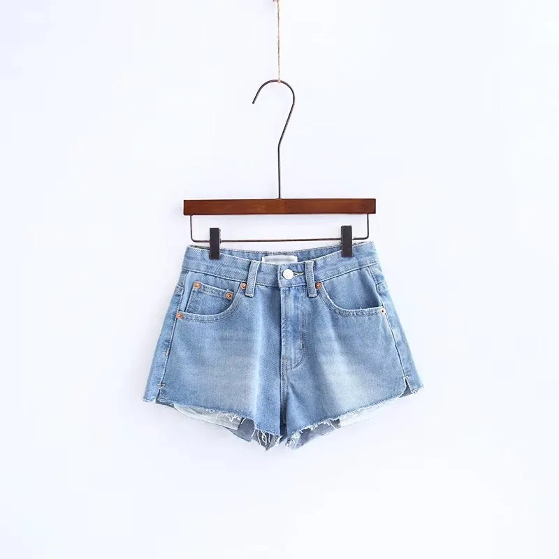 Curled Pure Color High Waist Denim Slim Shorts