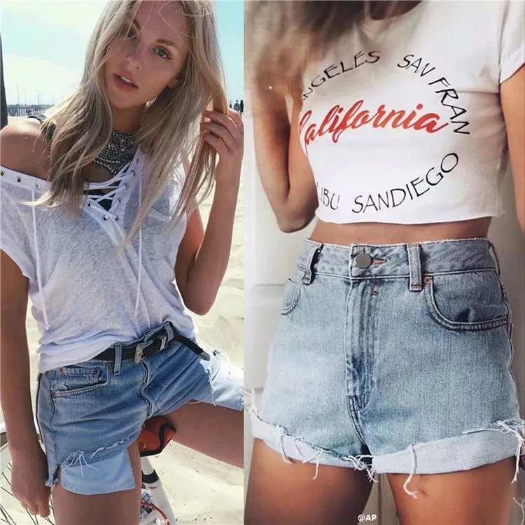 Curled Pure Color High Waist Denim Slim Shorts